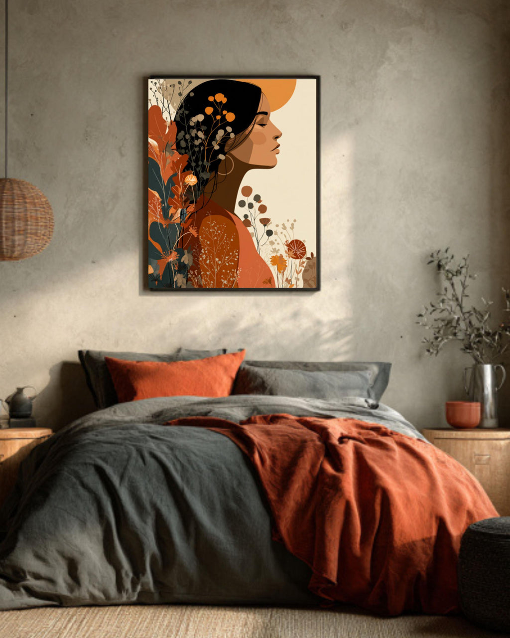 Retro Boho Woman Wall Art Print | 70s Flower Power Earthy Tones