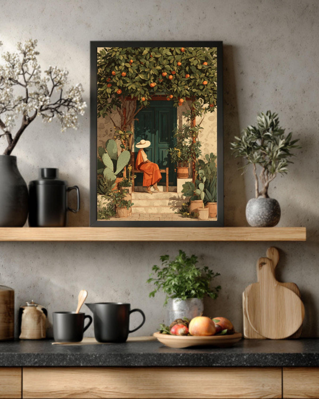 Mexican Woman Garden Art Print â€“ Boho Folk Style, Cactus & Fruit Trees Canvas Wall Art Print – Premium Home Decor