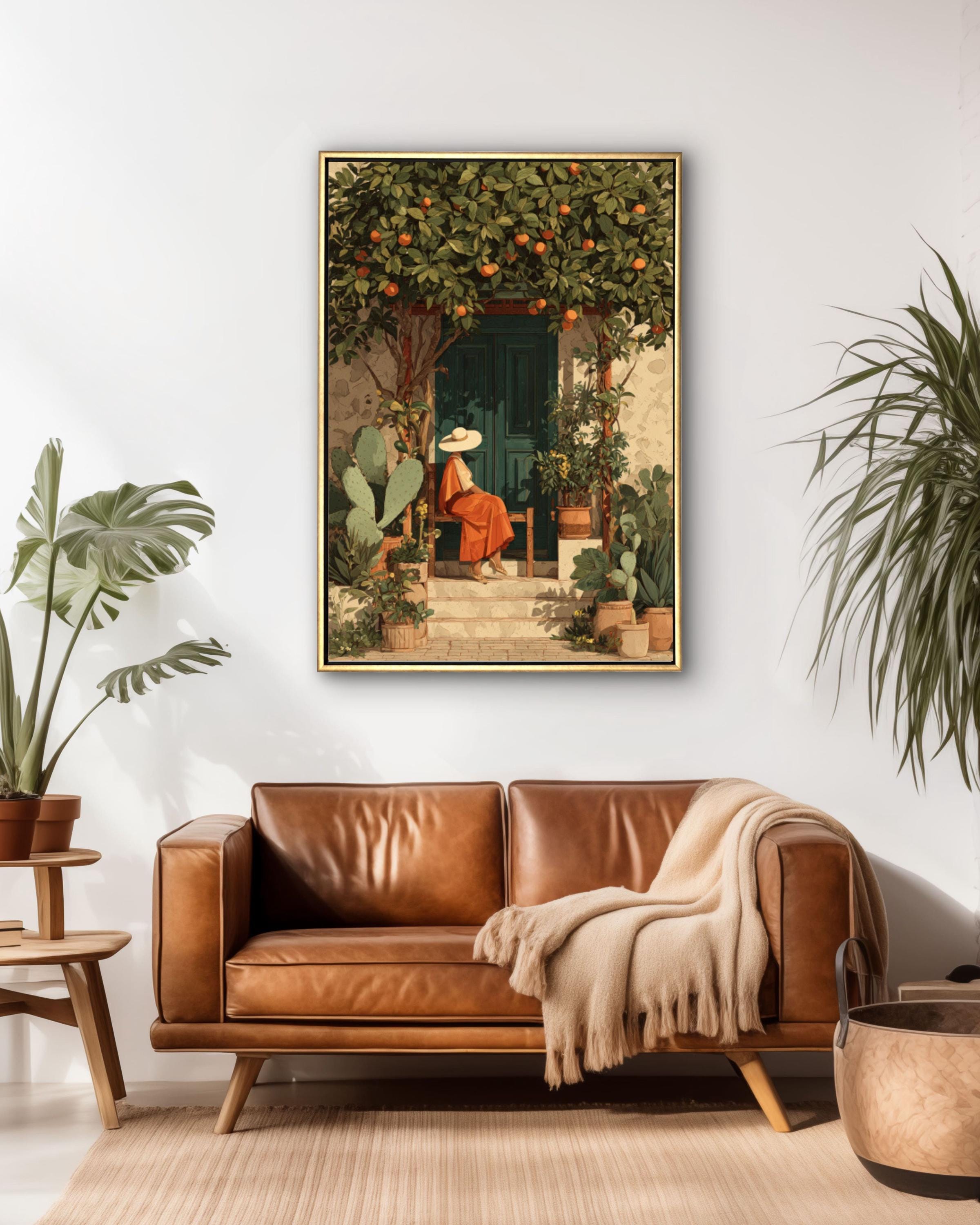 Mexican Woman Garden Art Print â€“ Boho Folk Style, Cactus & Fruit Trees Canvas Wall Art Print – Premium Home Decor