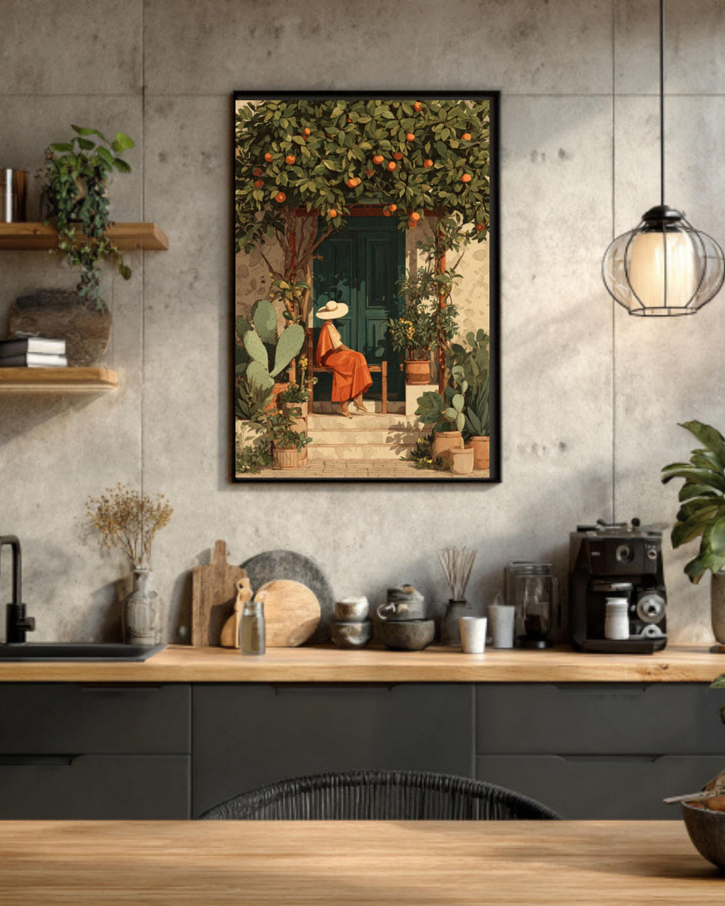Mexican Woman Garden Art Print â€“ Boho Folk Style, Cactus & Fruit Trees Canvas Wall Art Print – Premium Home Decor
