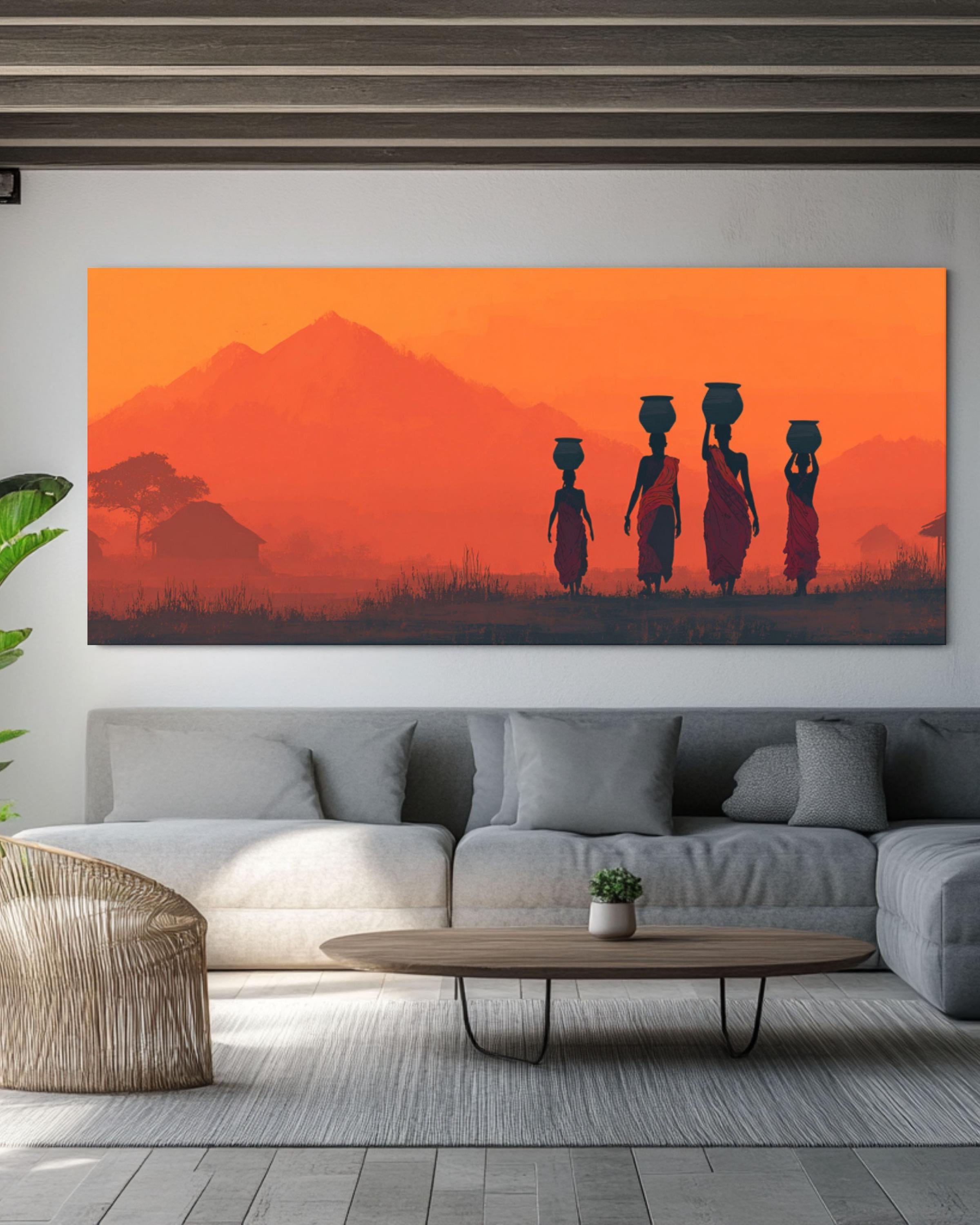 African Sunset Tribal Women Canvas Art – Silhouette Landscape Print