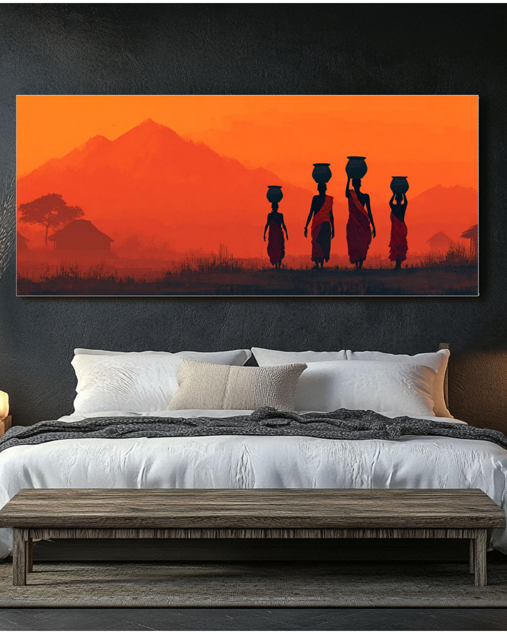 African Sunset Tribal Women Canvas Art – Silhouette Landscape Print