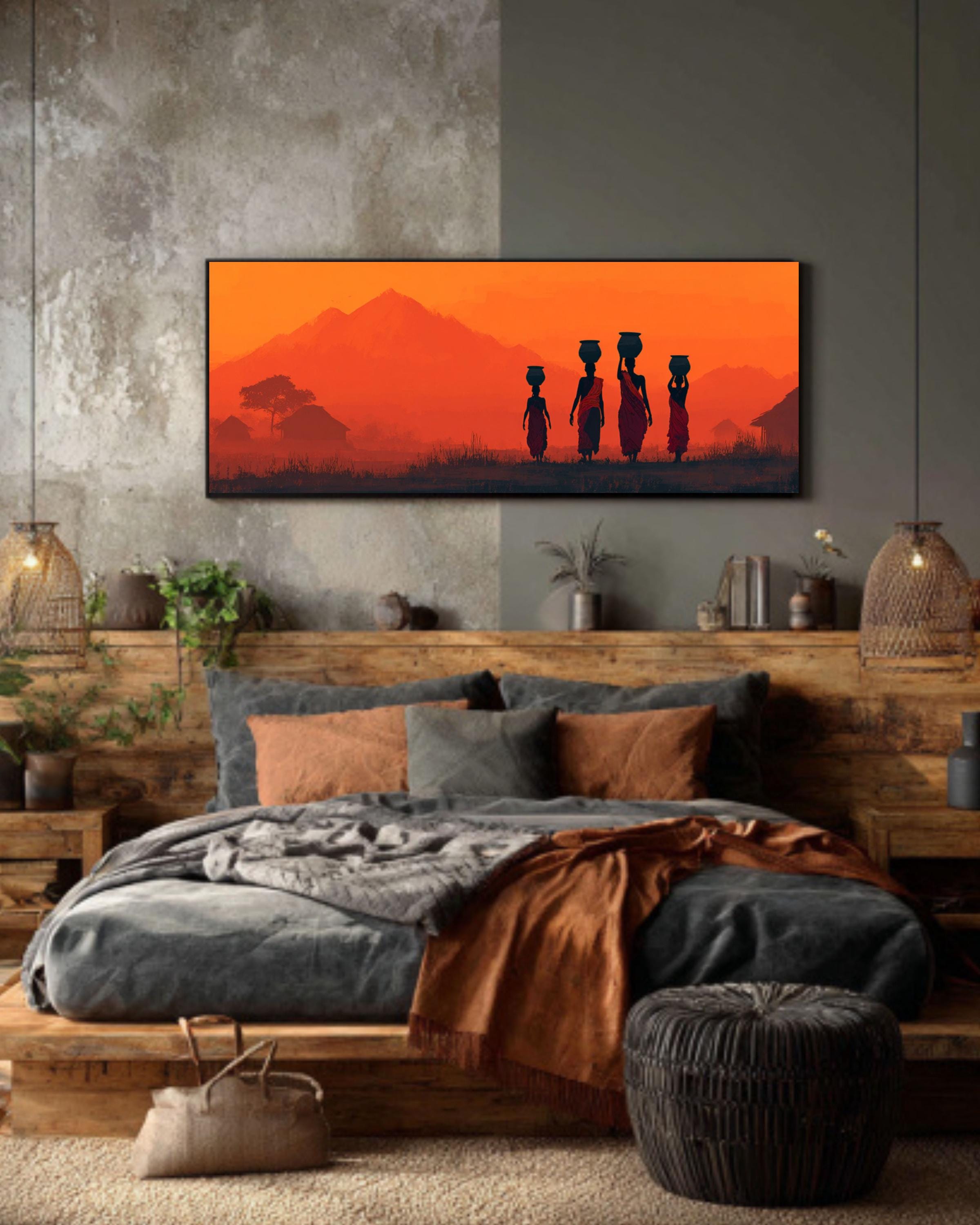 African Sunset Tribal Women Canvas Art – Silhouette Landscape Print