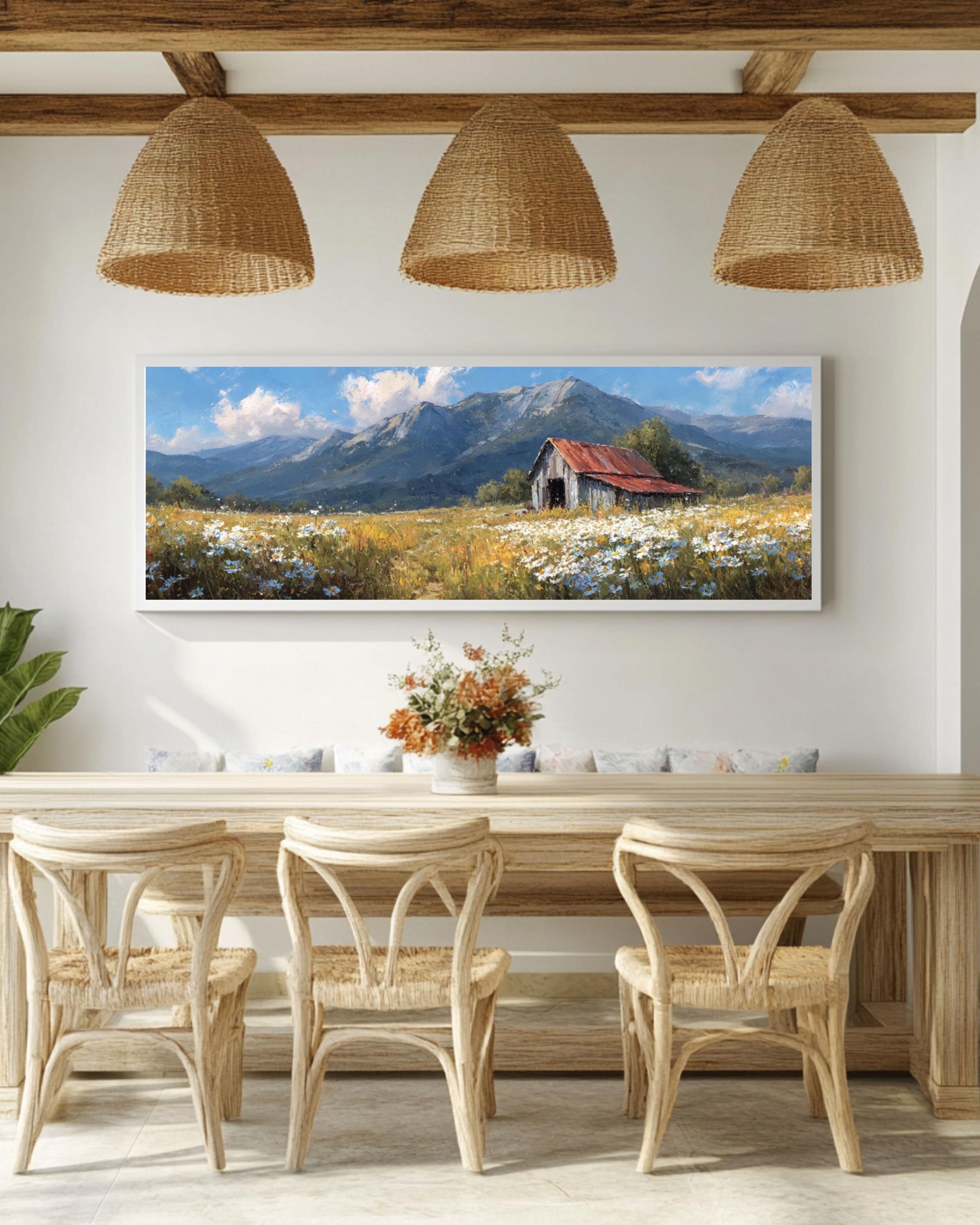 Vintage Barn Meadow Canvas Art – Rustic Country Landscape Painting