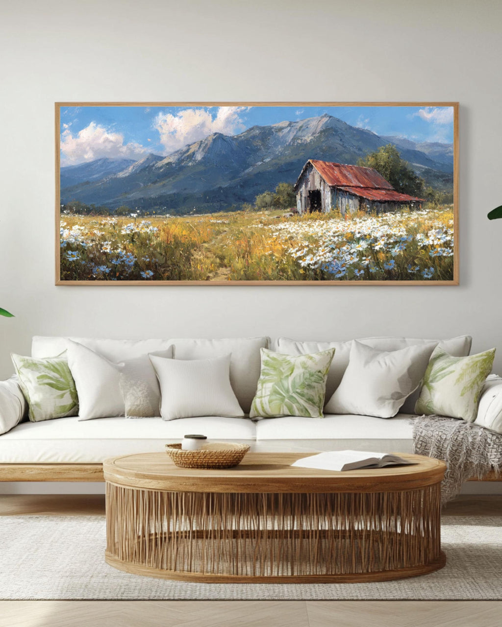 Vintage Barn Meadow Canvas Art – Rustic Country Landscape Painting