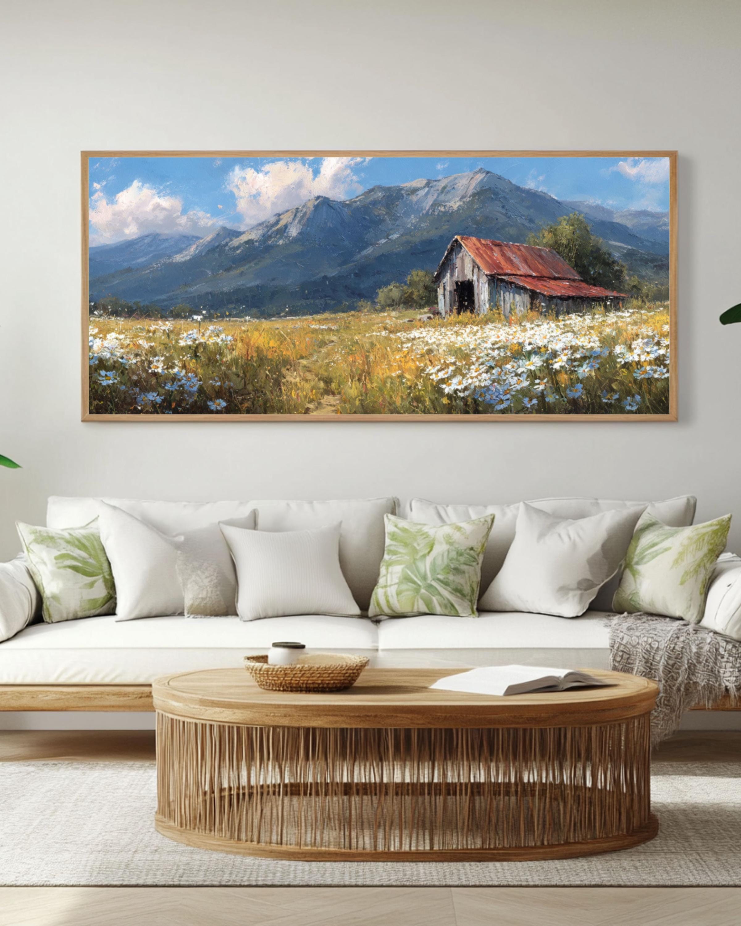 Vintage Barn Meadow Canvas Art – Rustic Country Landscape Painting