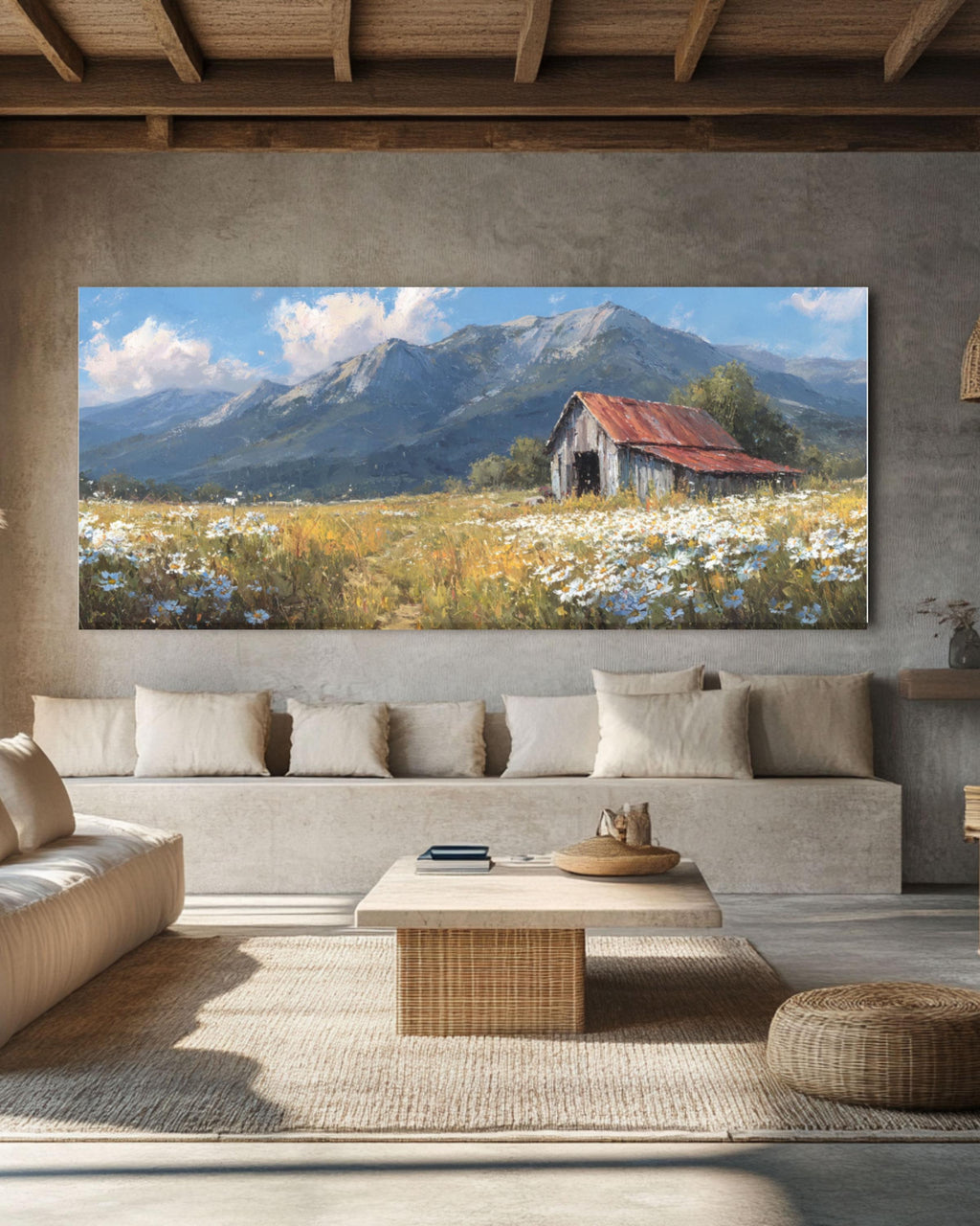 Vintage Barn Meadow Canvas Art – Rustic Country Landscape Painting