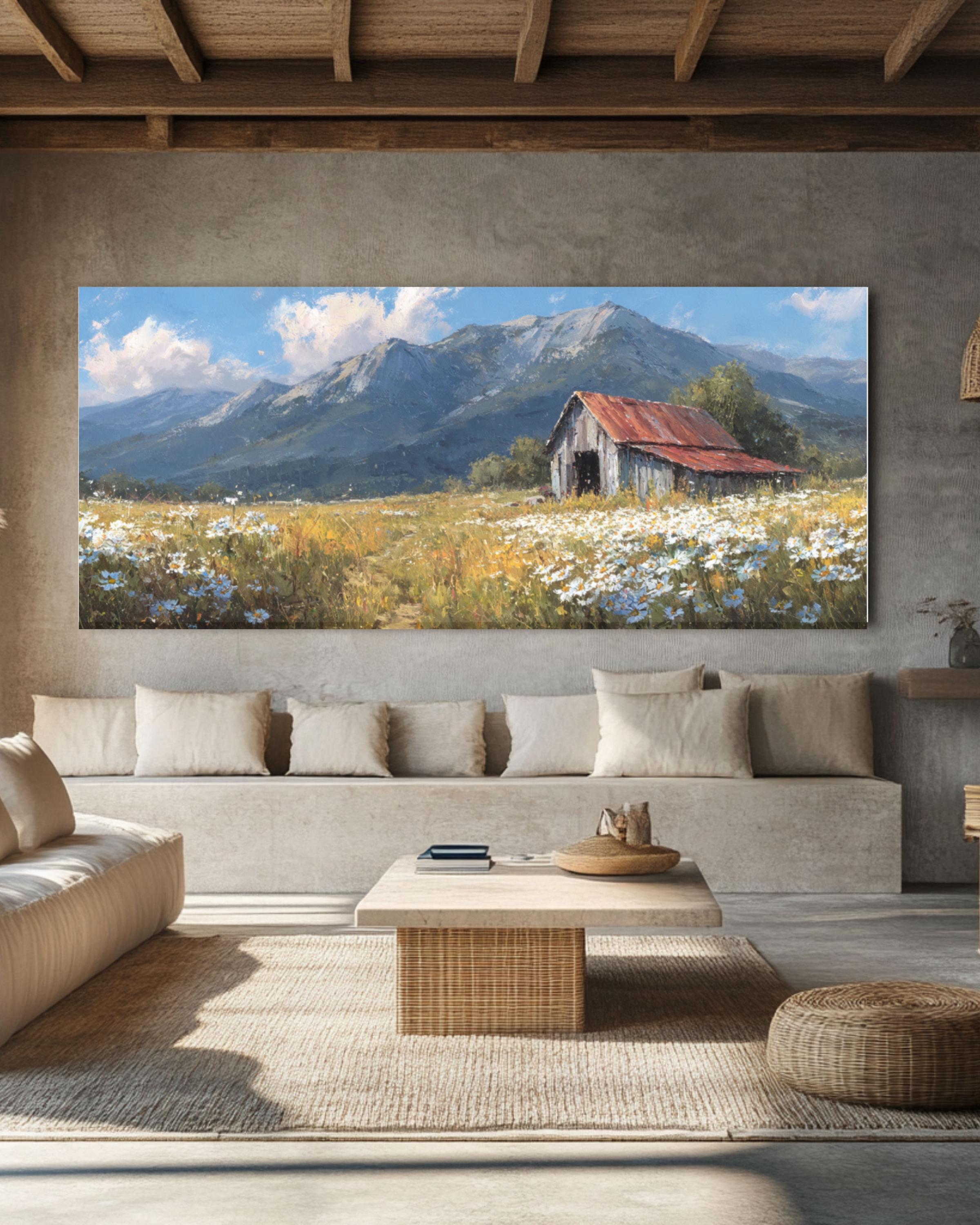 Vintage Barn Meadow Canvas Art – Rustic Country Landscape Painting