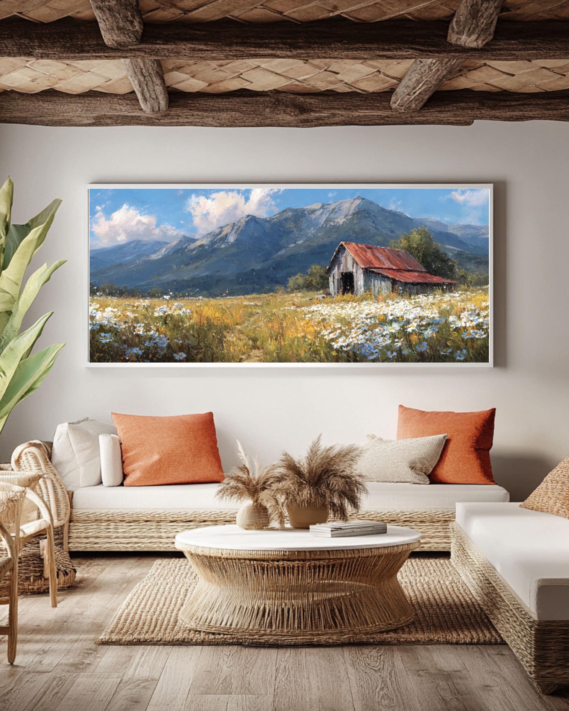 Vintage Barn Meadow Canvas Art – Rustic Country Landscape Painting