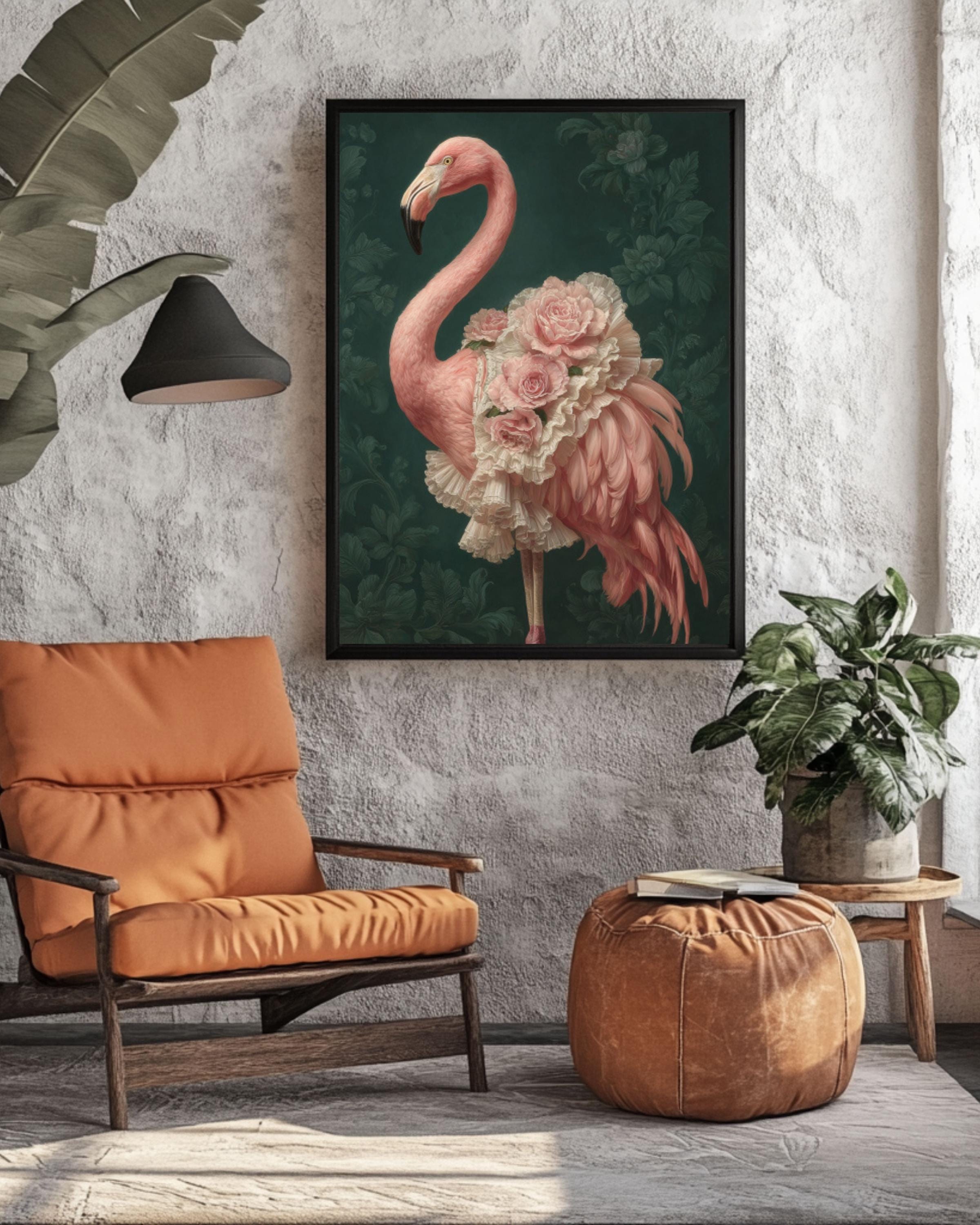 Baroque Flamingo Canvas Art – Elegant Tropical Bird Painting