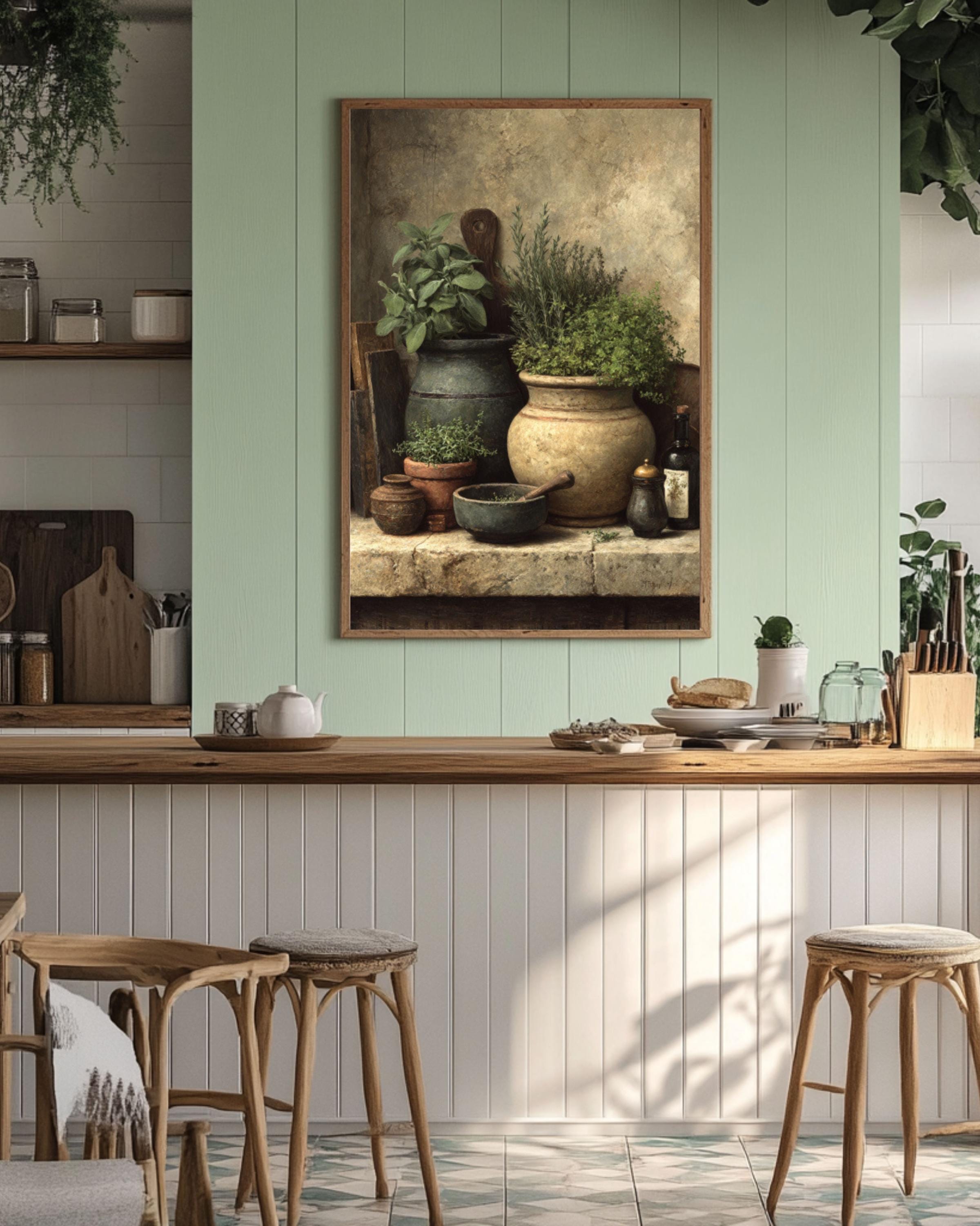 Rustic Kitchen Herb Still Life Canvas Art – Sage & Thyme