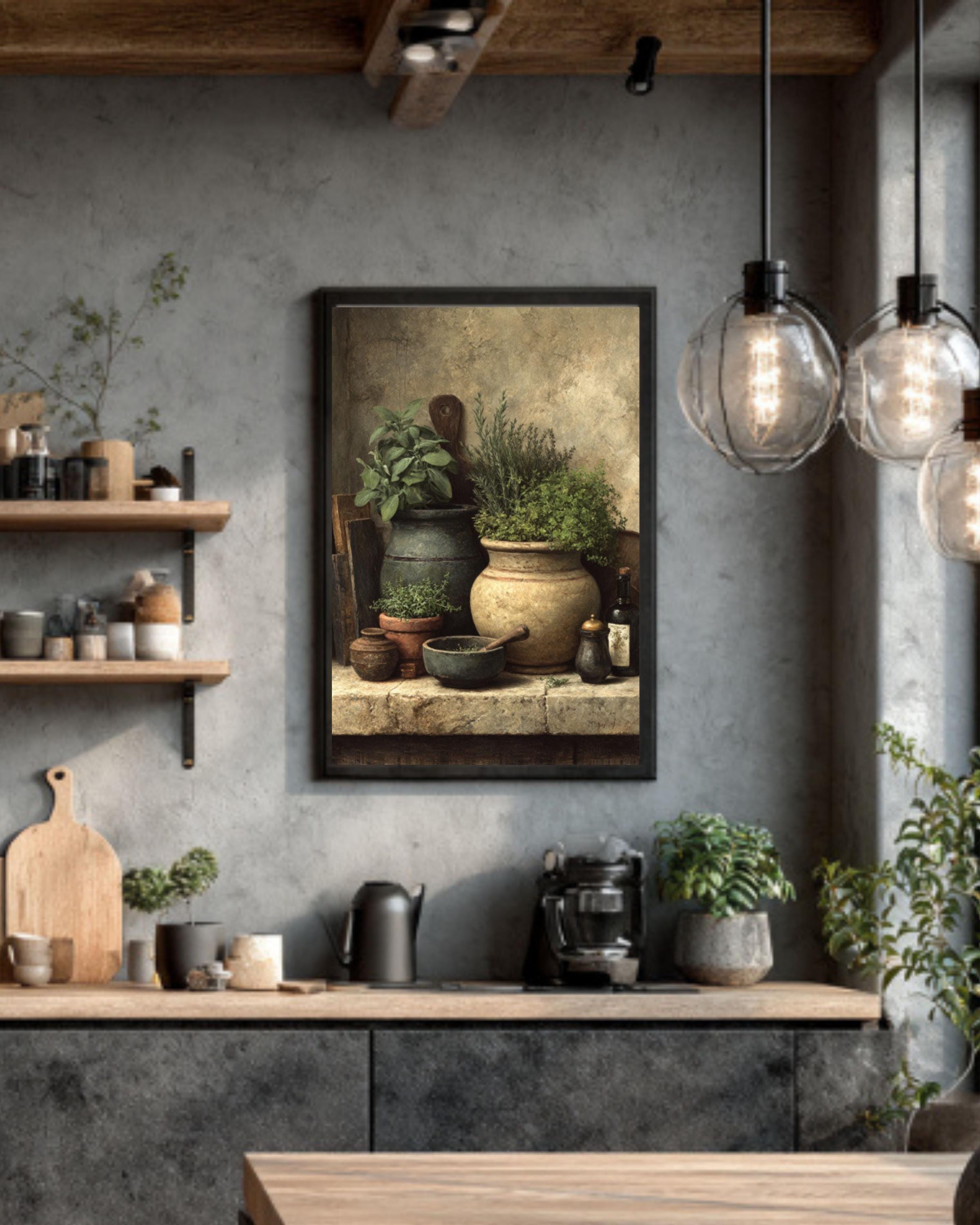 Rustic Kitchen Herb Still Life Canvas Art – Sage & Thyme