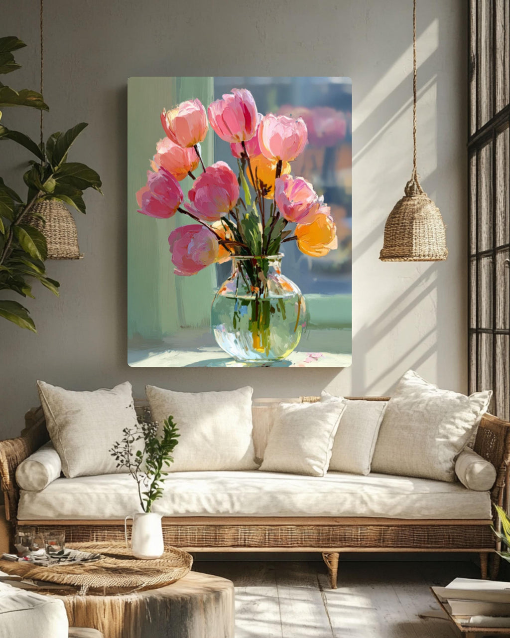 Pink Tulips Still Life Canvas Art – Impressionist Floral