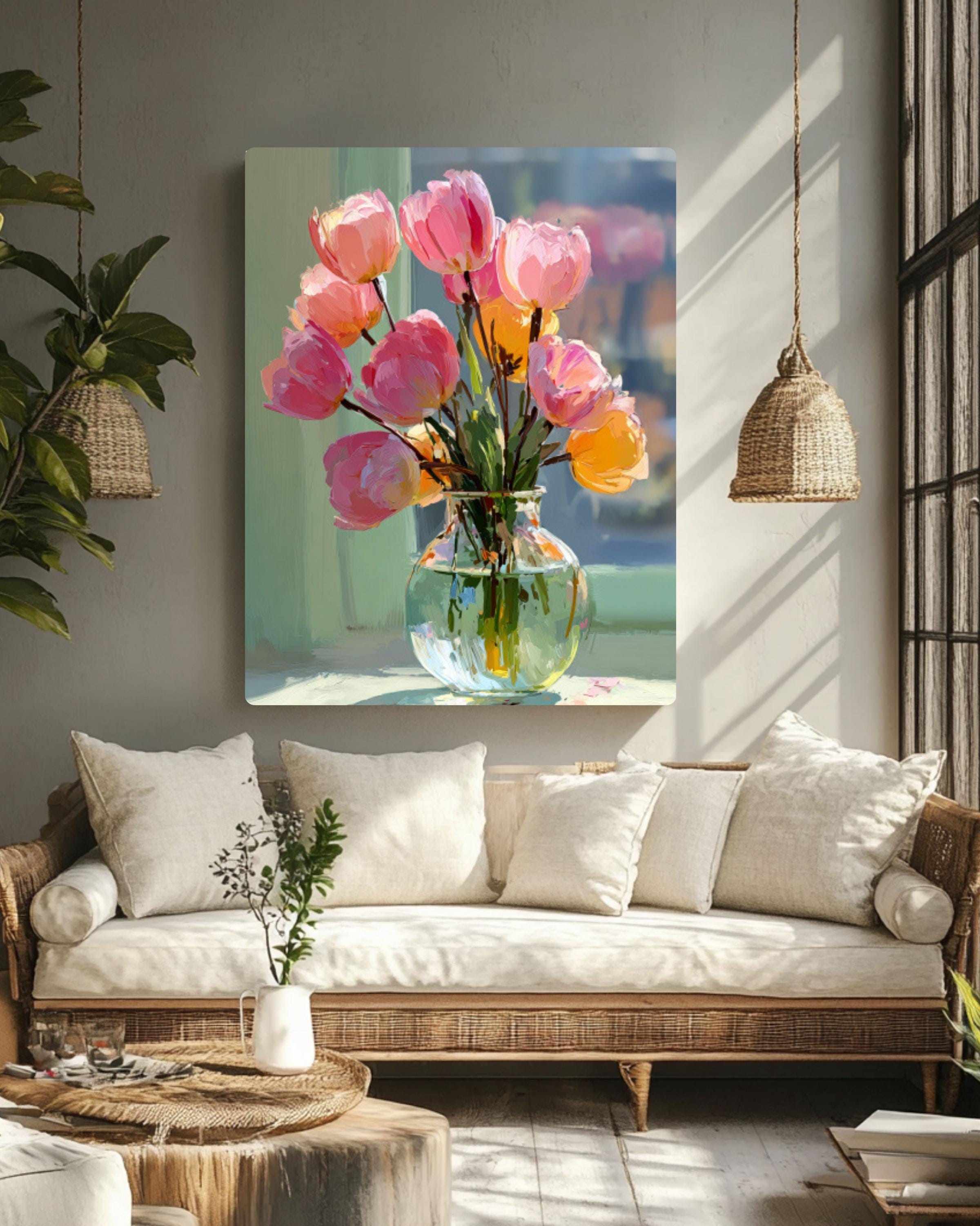 Pink Tulips Still Life Canvas Art – Impressionist Floral
