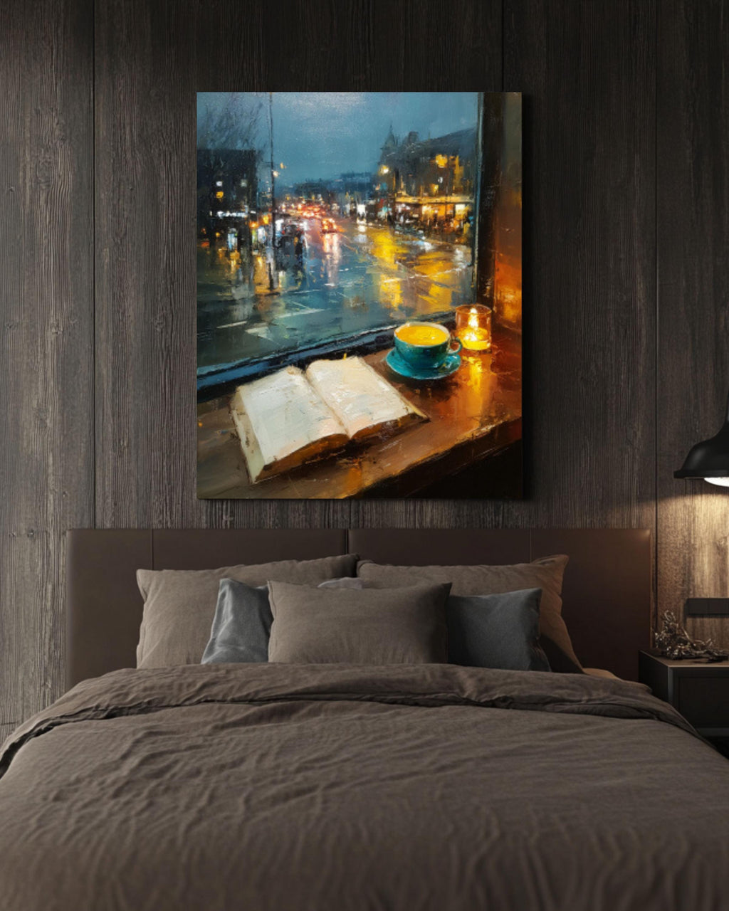 Cozy Café Window Canvas Art – Coffee & Book Painting