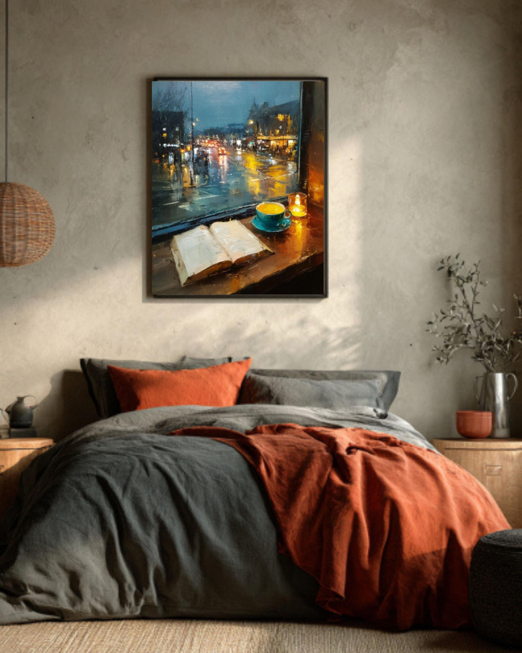 Cozy Café Window Canvas Art – Coffee & Book Painting