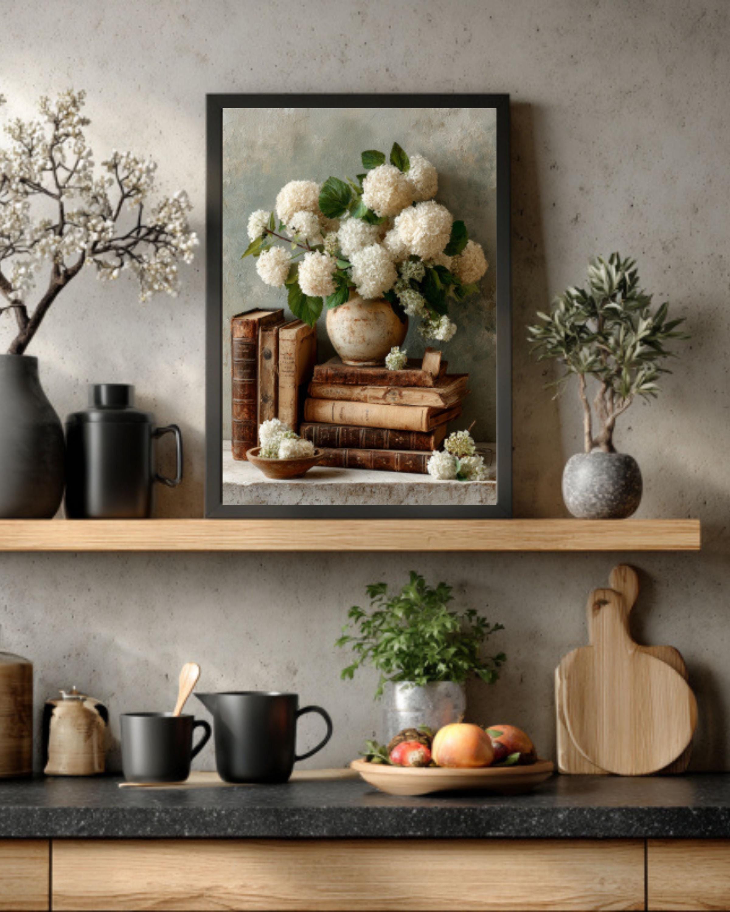 Vintage Hydrangea Still Life Canvas Art – Farmhouse Floral