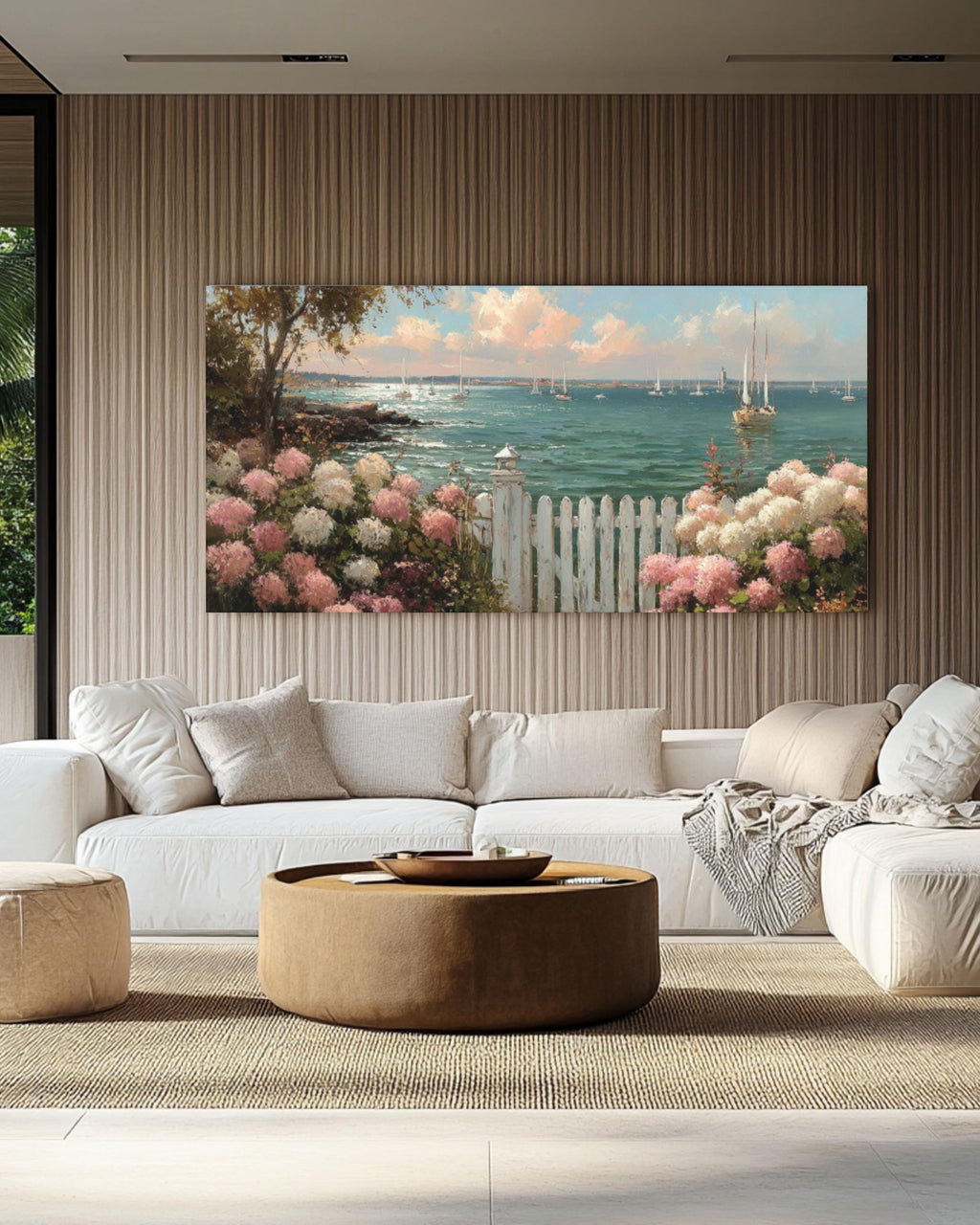 Coastal Garden Canvas Art – Hydrangeas & Sailboats Scene