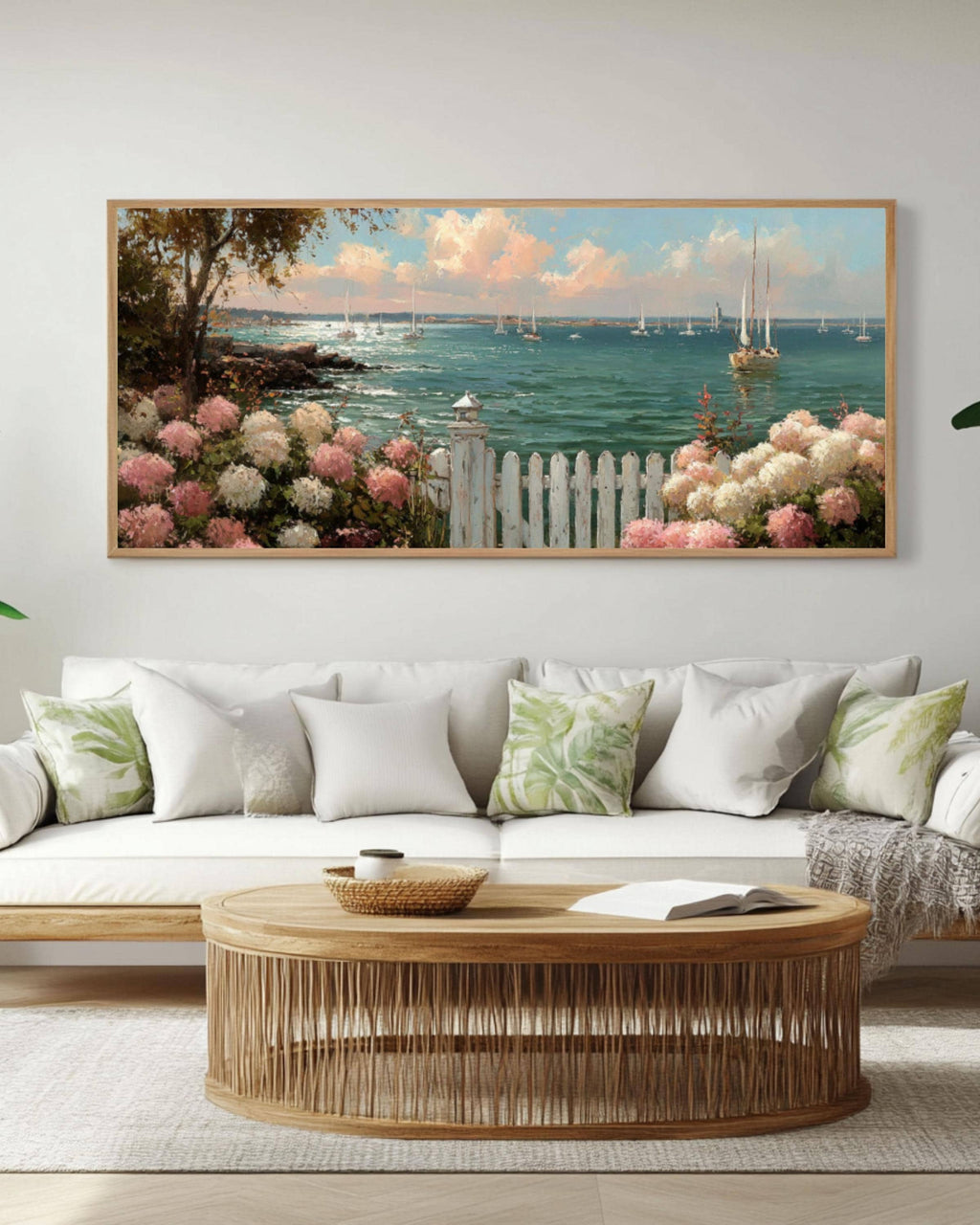 Coastal Garden Canvas Art – Hydrangeas & Sailboats Scene