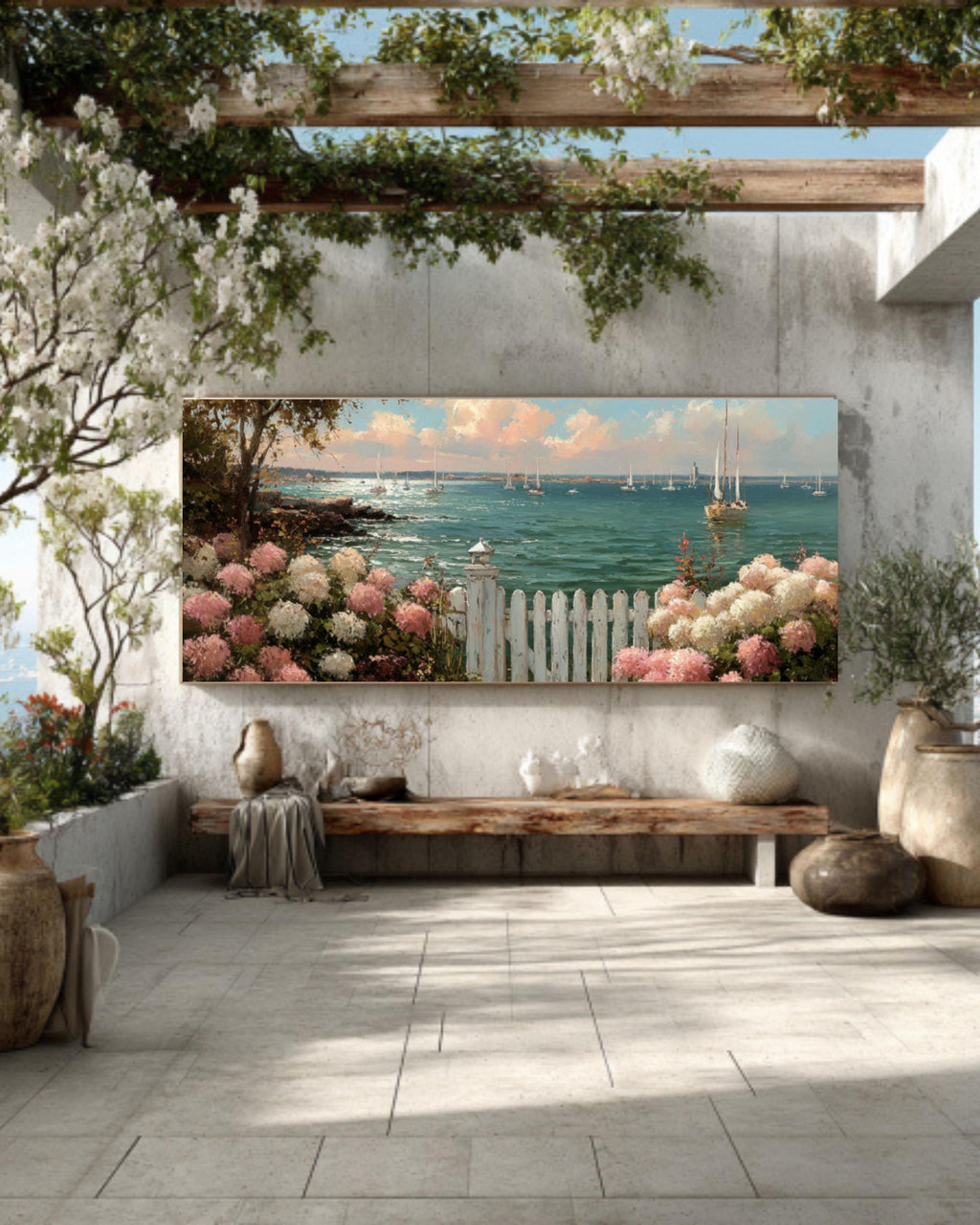 Coastal Garden Canvas Art – Hydrangeas & Sailboats Scene