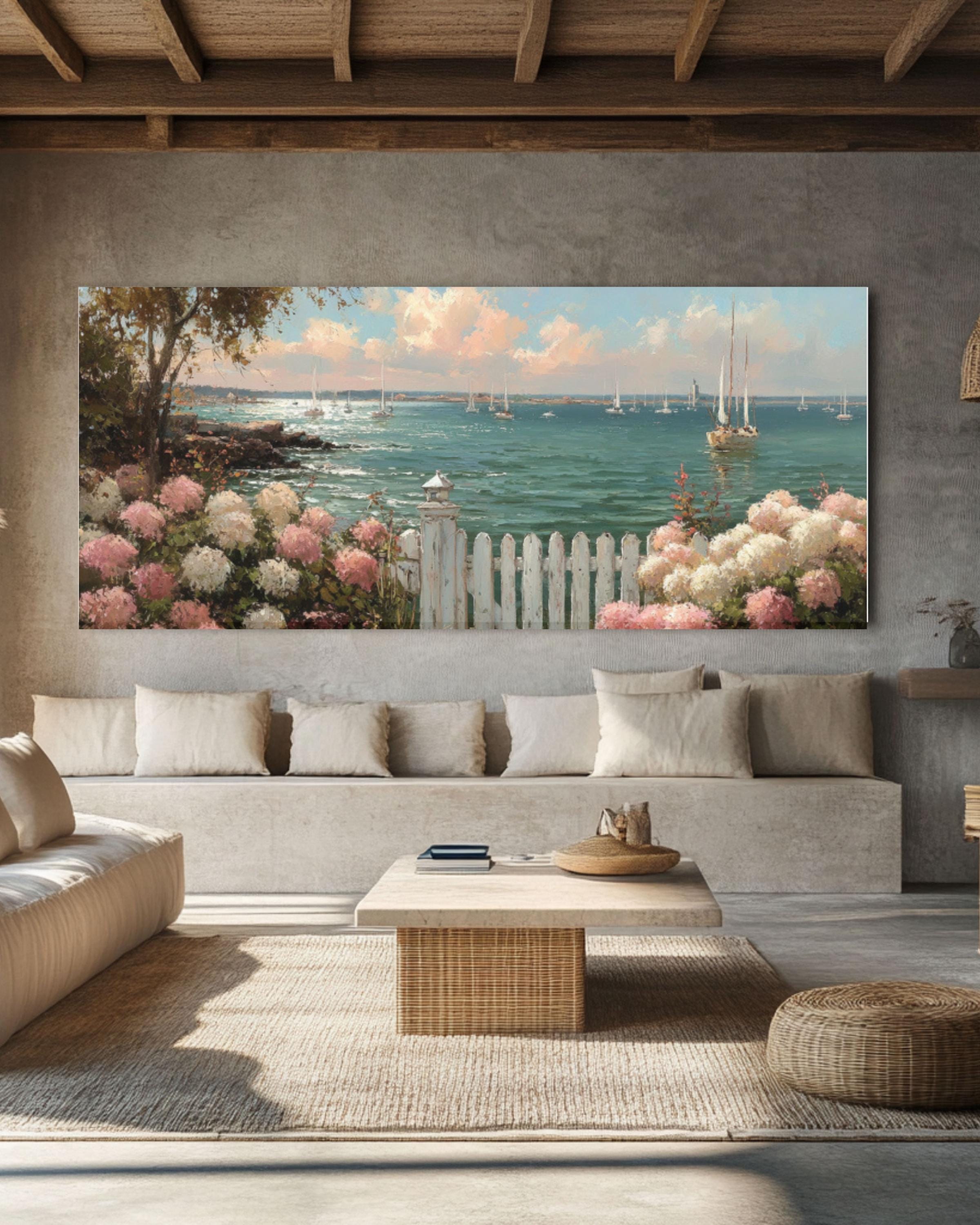Coastal Garden Canvas Art – Hydrangeas & Sailboats Scene