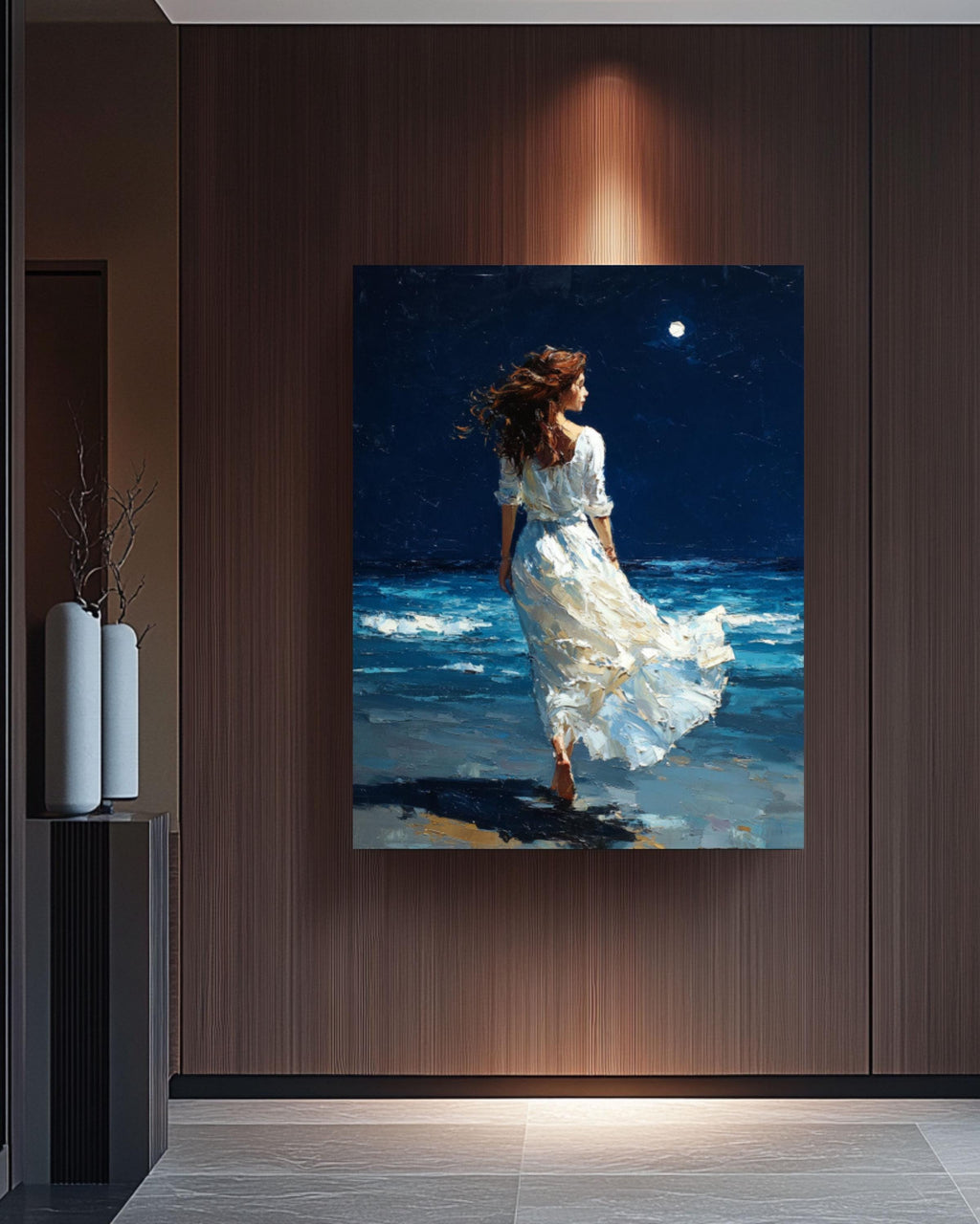 Moonlit Beach Woman Canvas Wall Art – Fantasy Realism Seascape Print