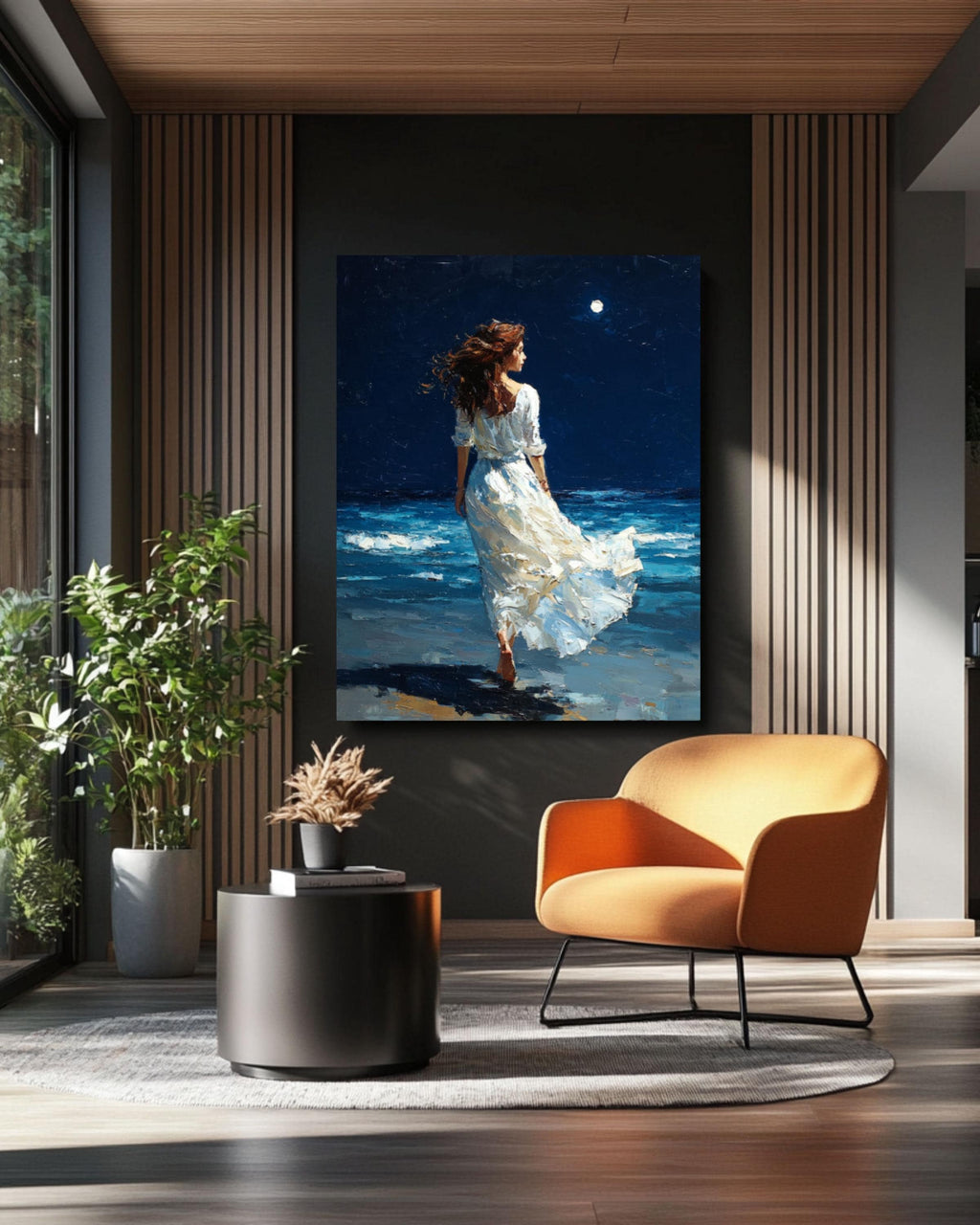 Moonlit Beach Woman Canvas Wall Art – Fantasy Realism Seascape Print