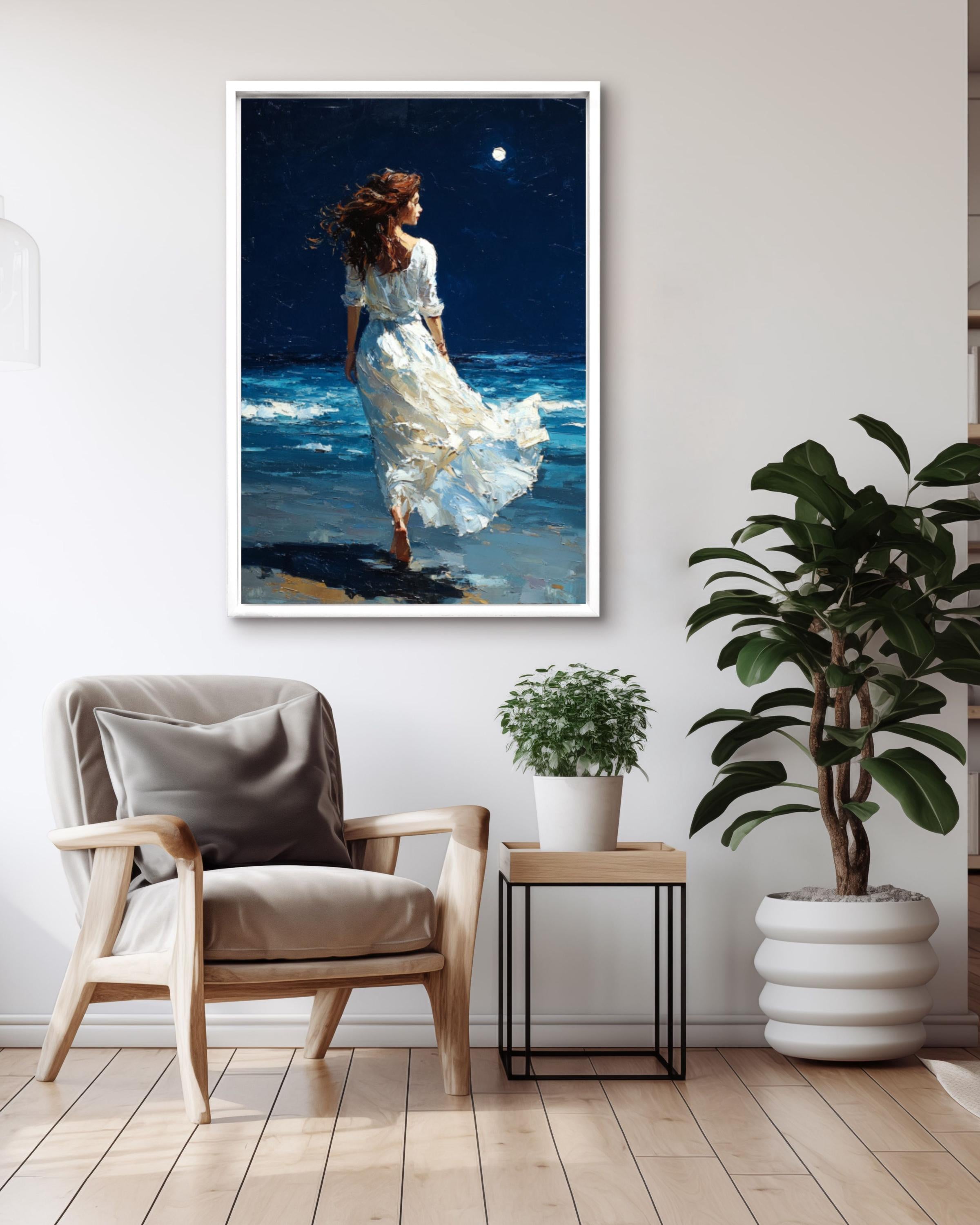Moonlit Beach Woman Canvas Wall Art – Fantasy Realism Seascape Print