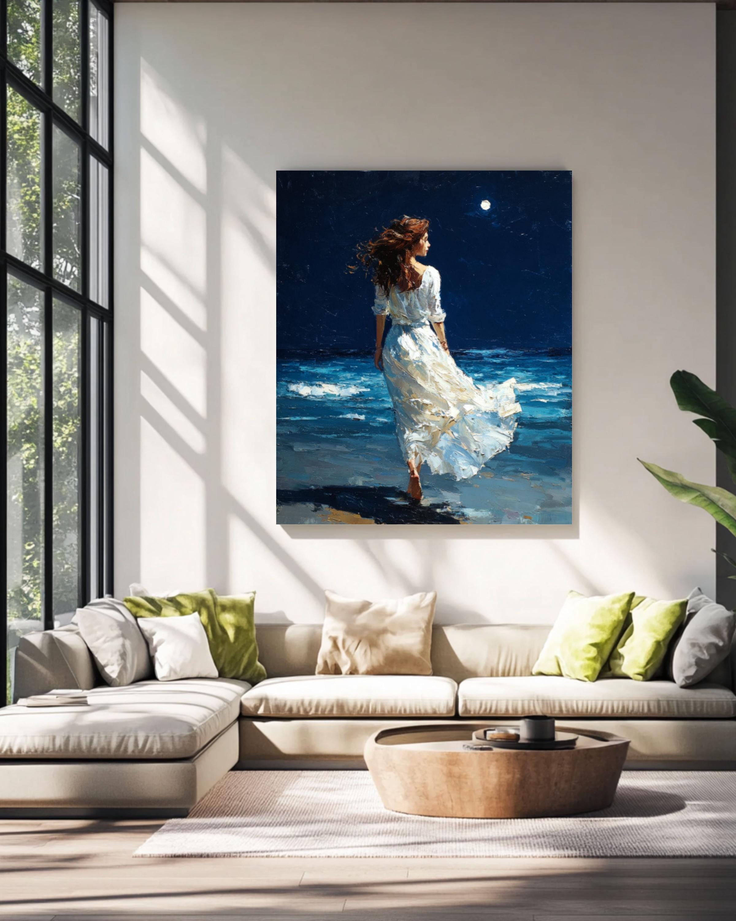 Moonlit Beach Woman Canvas Wall Art – Fantasy Realism Seascape Print