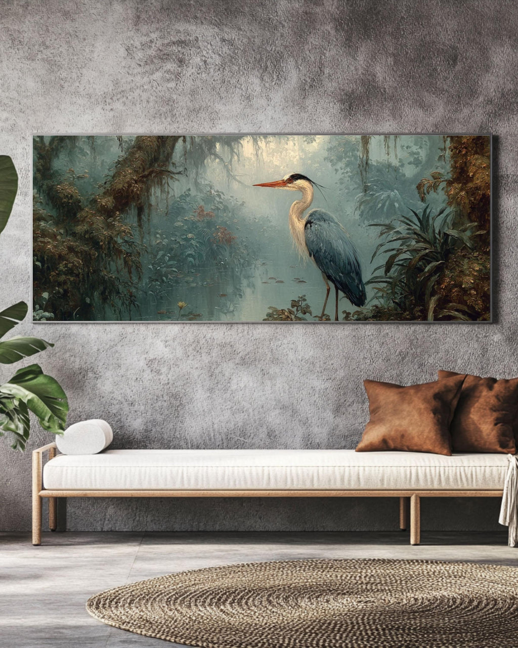 Blue Heron Rainforest Canvas Art – Vintage Wildlife Painting