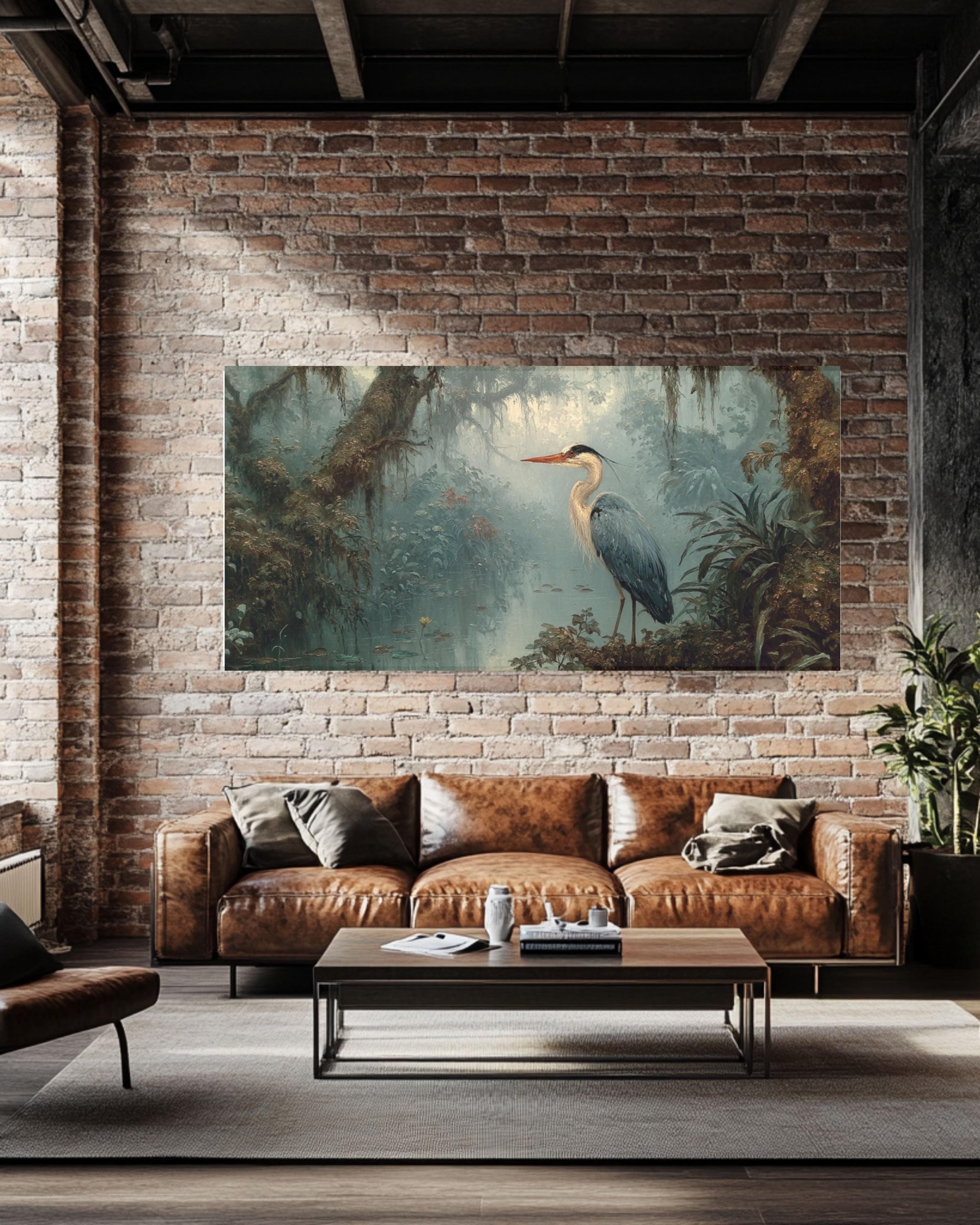 Blue Heron Rainforest Canvas Art – Vintage Wildlife Painting