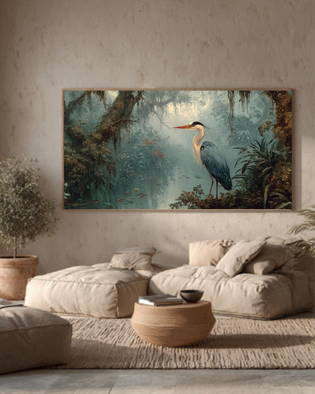 Blue Heron Rainforest Canvas Art – Vintage Wildlife Painting