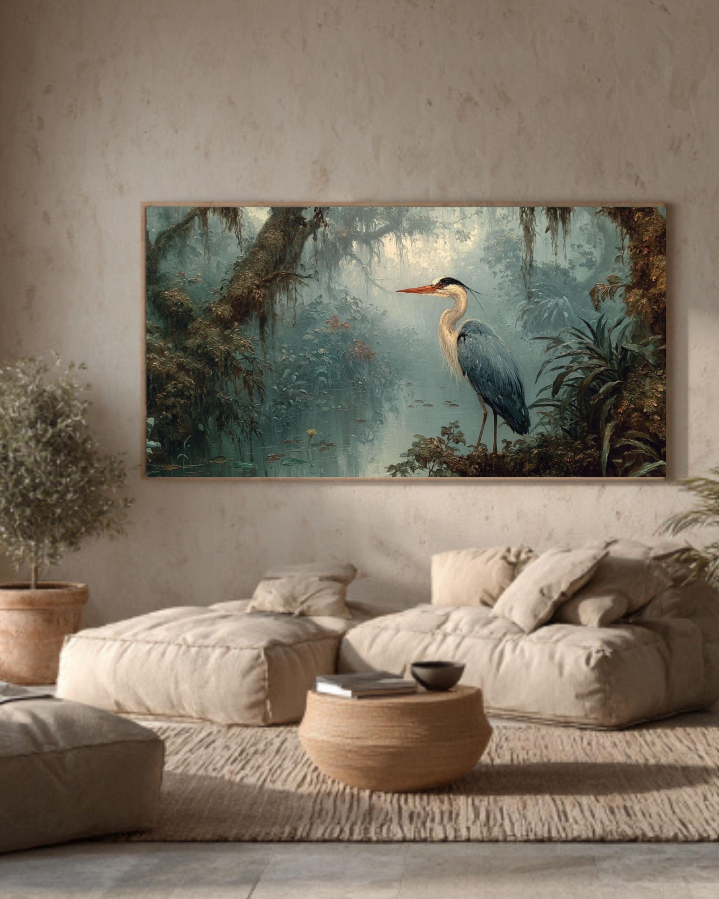 Blue Heron Rainforest Canvas Art – Vintage Wildlife Painting
