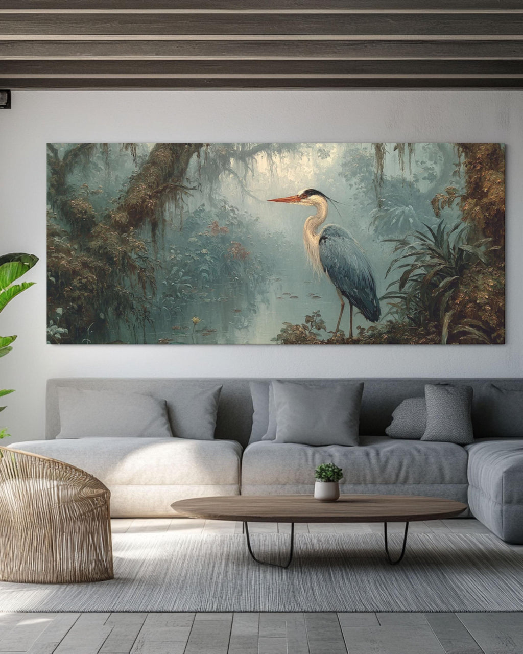 Blue Heron Rainforest Canvas Art – Vintage Wildlife Painting