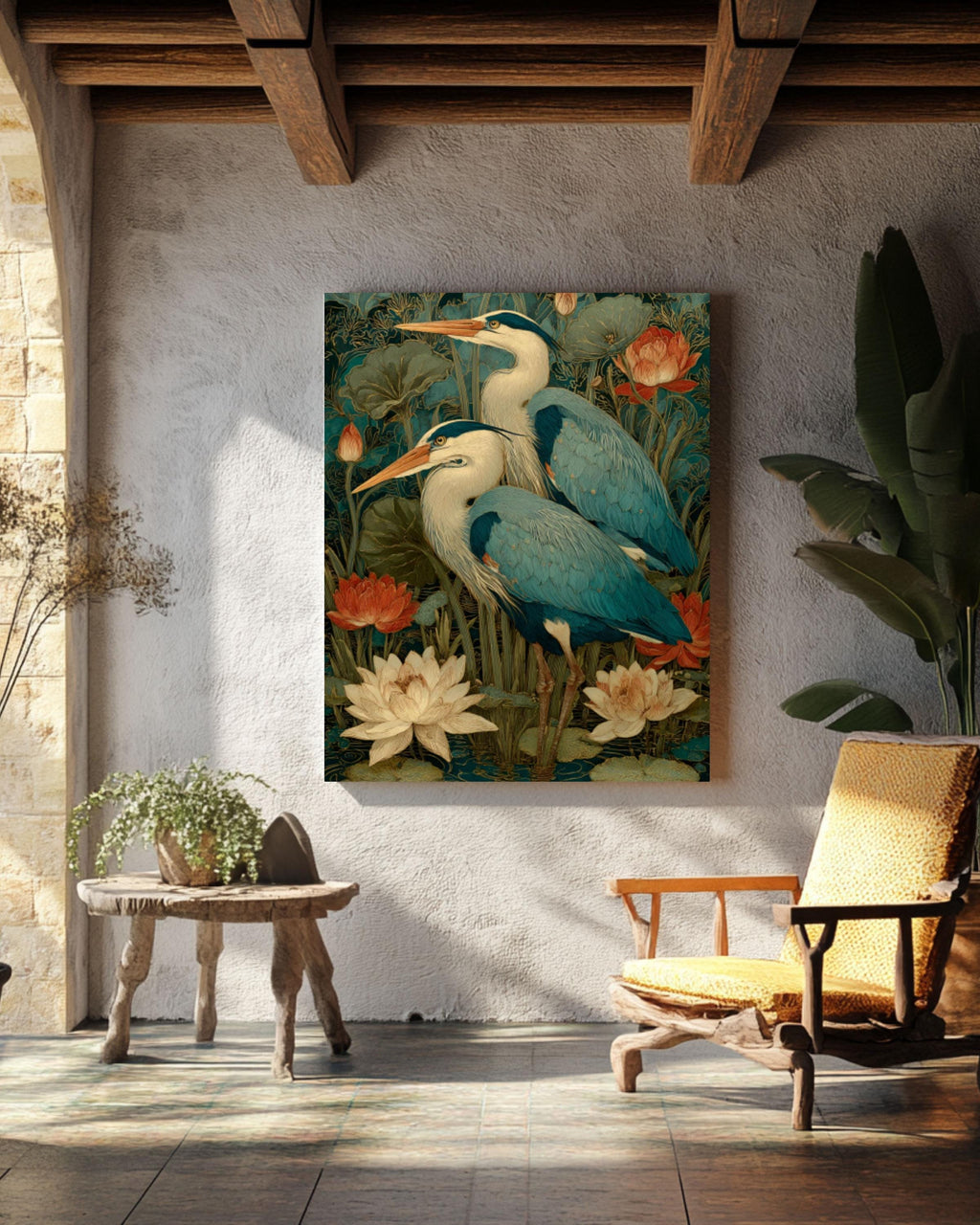 Art Nouveau Heron Canvas Art – Blue & Gold Lotus Pond