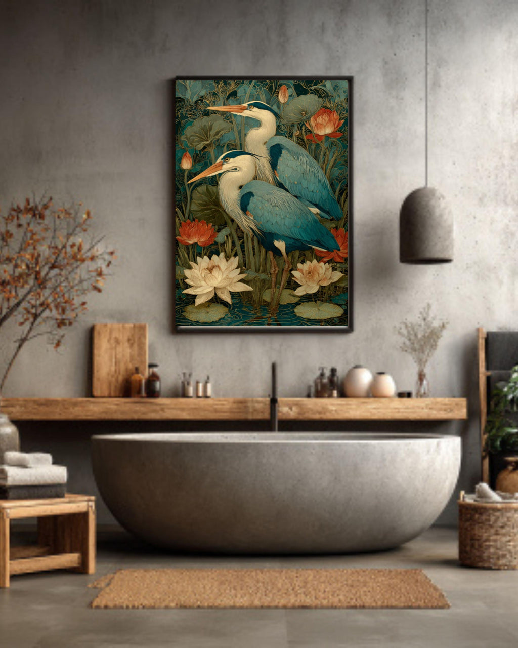 Art Nouveau Heron Canvas Art – Blue & Gold Lotus Pond
