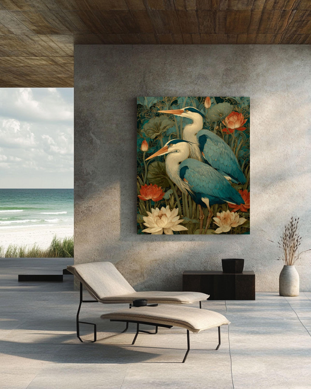 Art Nouveau Heron Canvas Art – Blue & Gold Lotus Pond