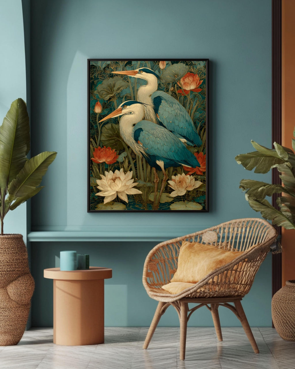 Art Nouveau Heron Canvas Art – Blue & Gold Lotus Pond