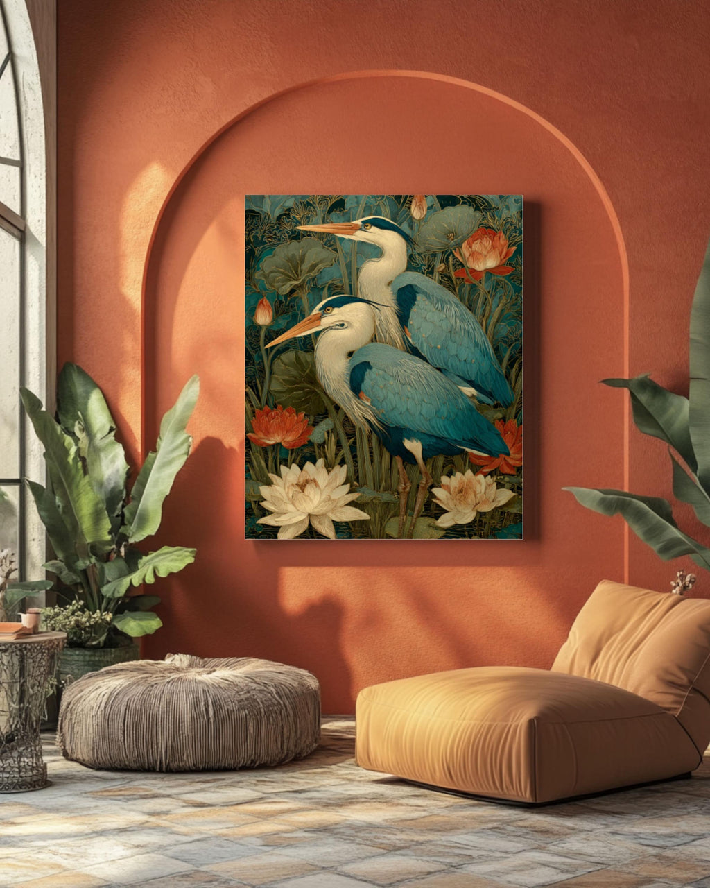 Art Nouveau Heron Canvas Art – Blue & Gold Lotus Pond