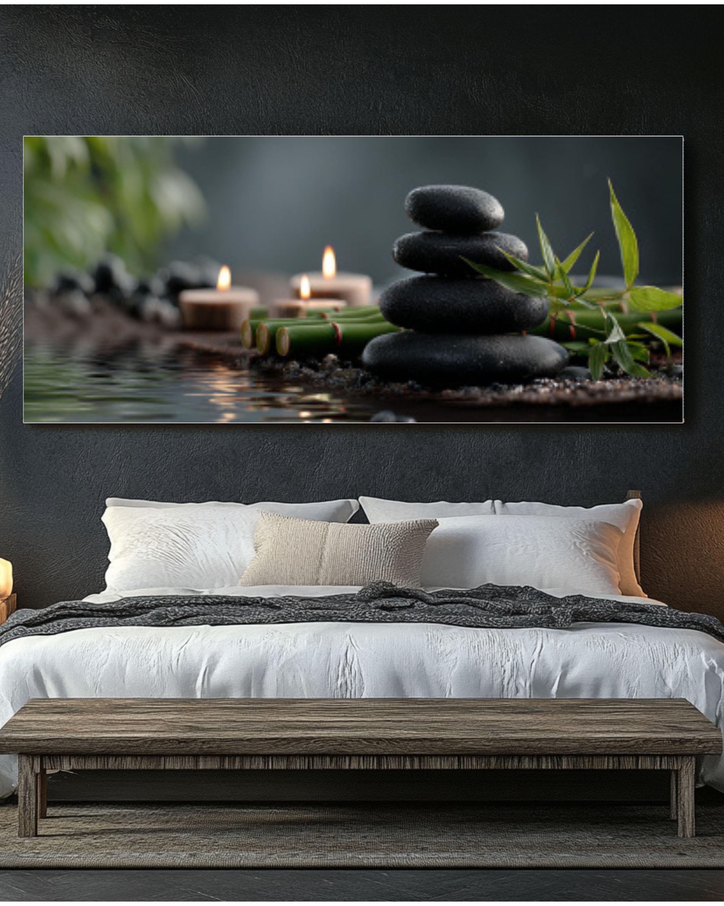 Zen Spa Stones Canvas Wall Art – Bamboo & Candle Reflection Print