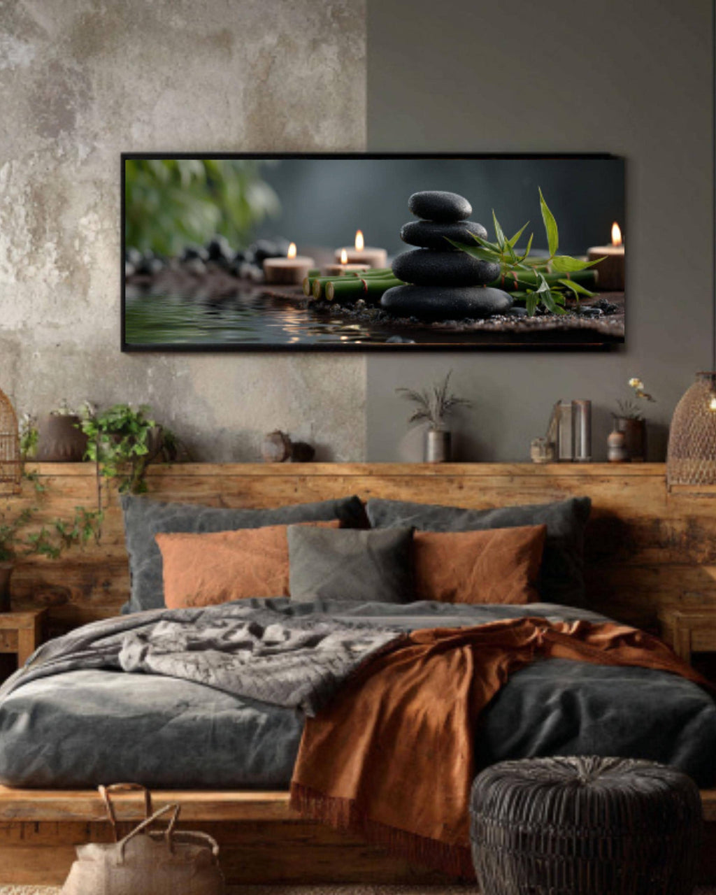 Zen Spa Stones Canvas Wall Art – Bamboo & Candle Reflection Print