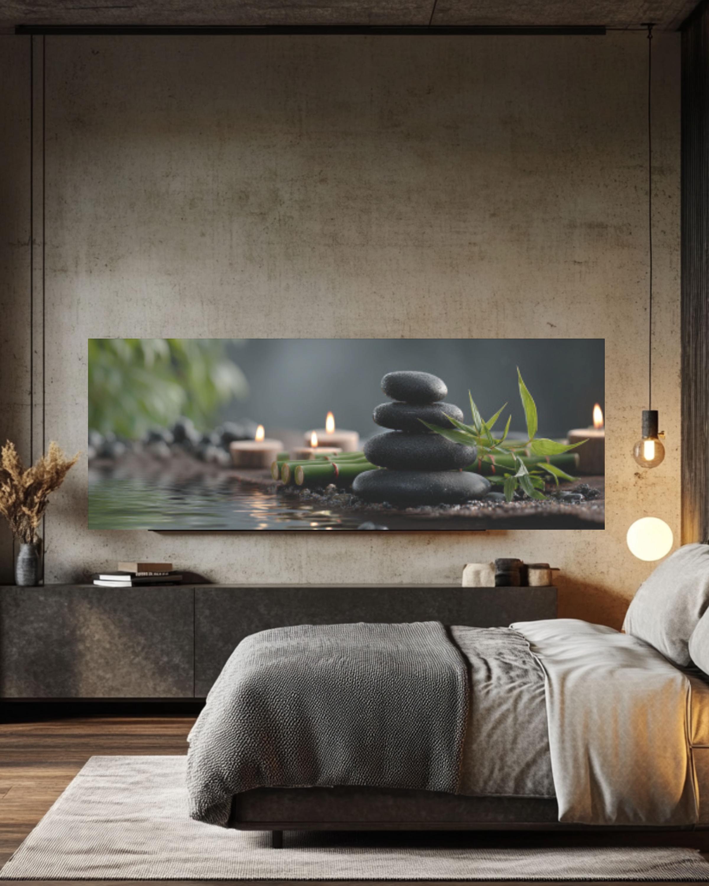 Zen Spa Stones Canvas Wall Art – Bamboo & Candle Reflection Print