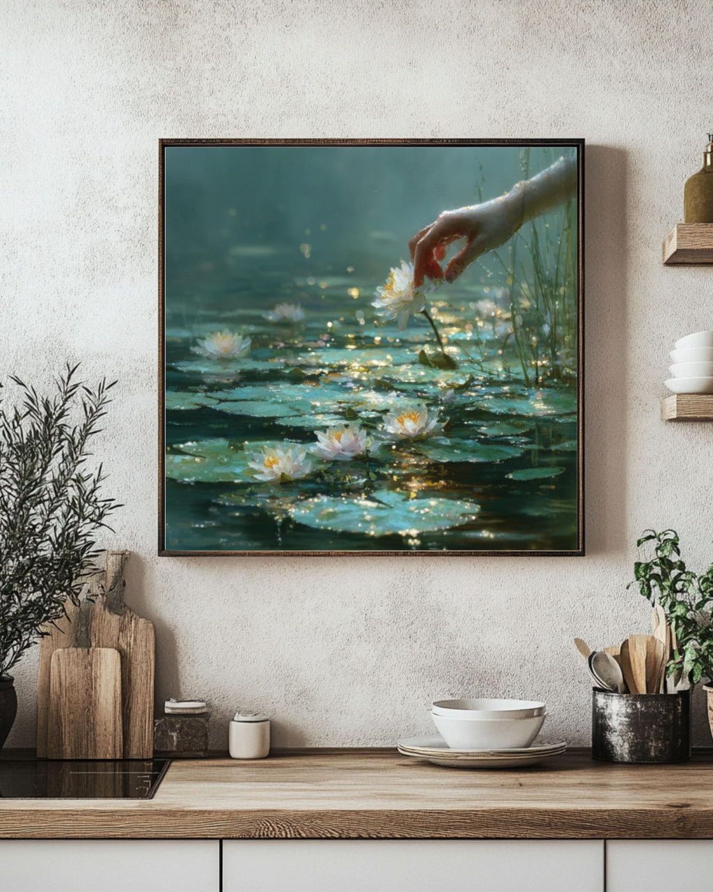 Surreal Hand & Lily Pads Canvas Art – Dreamy Foggy Water Scene