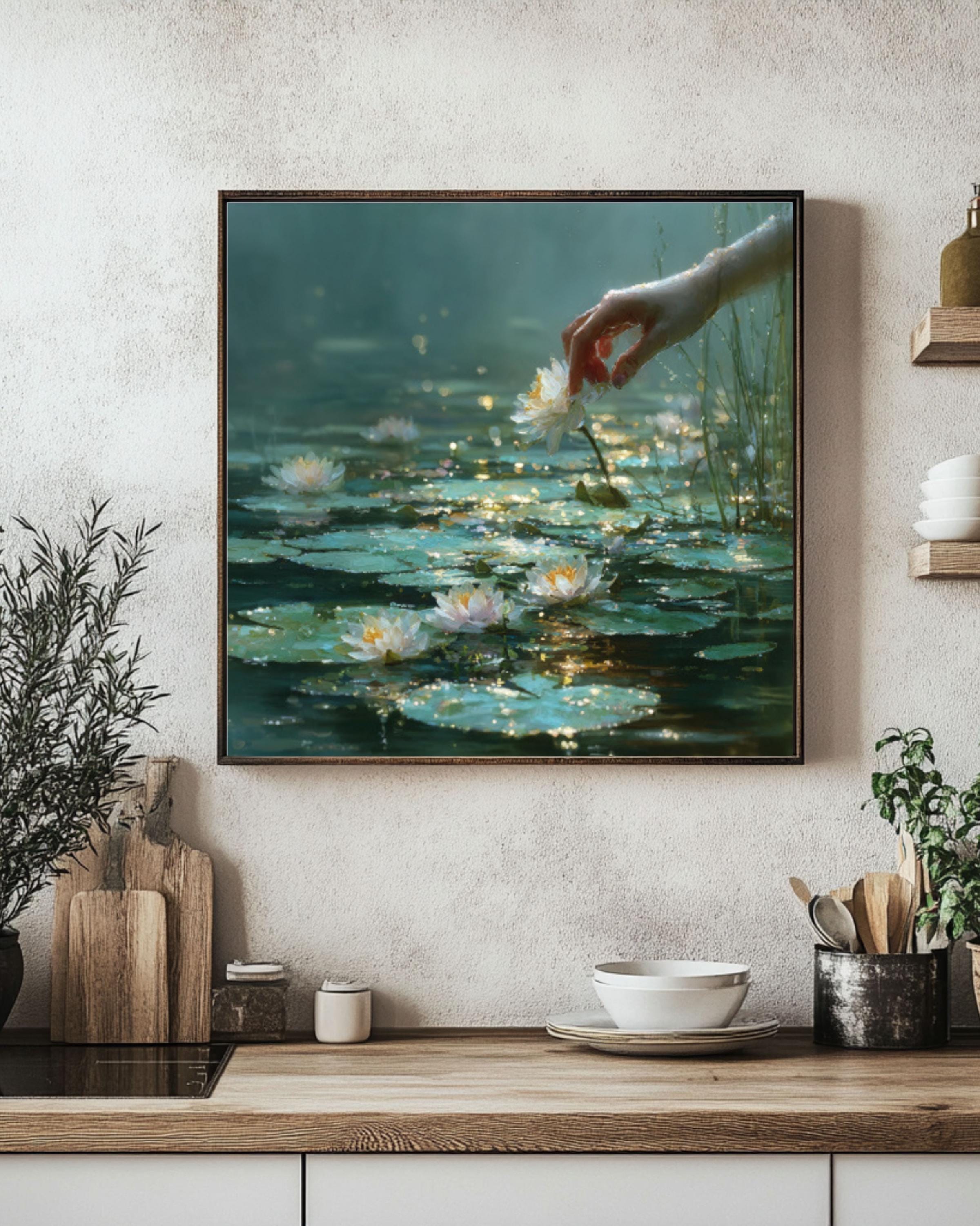 Surreal Hand & Lily Pads Canvas Art – Dreamy Foggy Water Scene