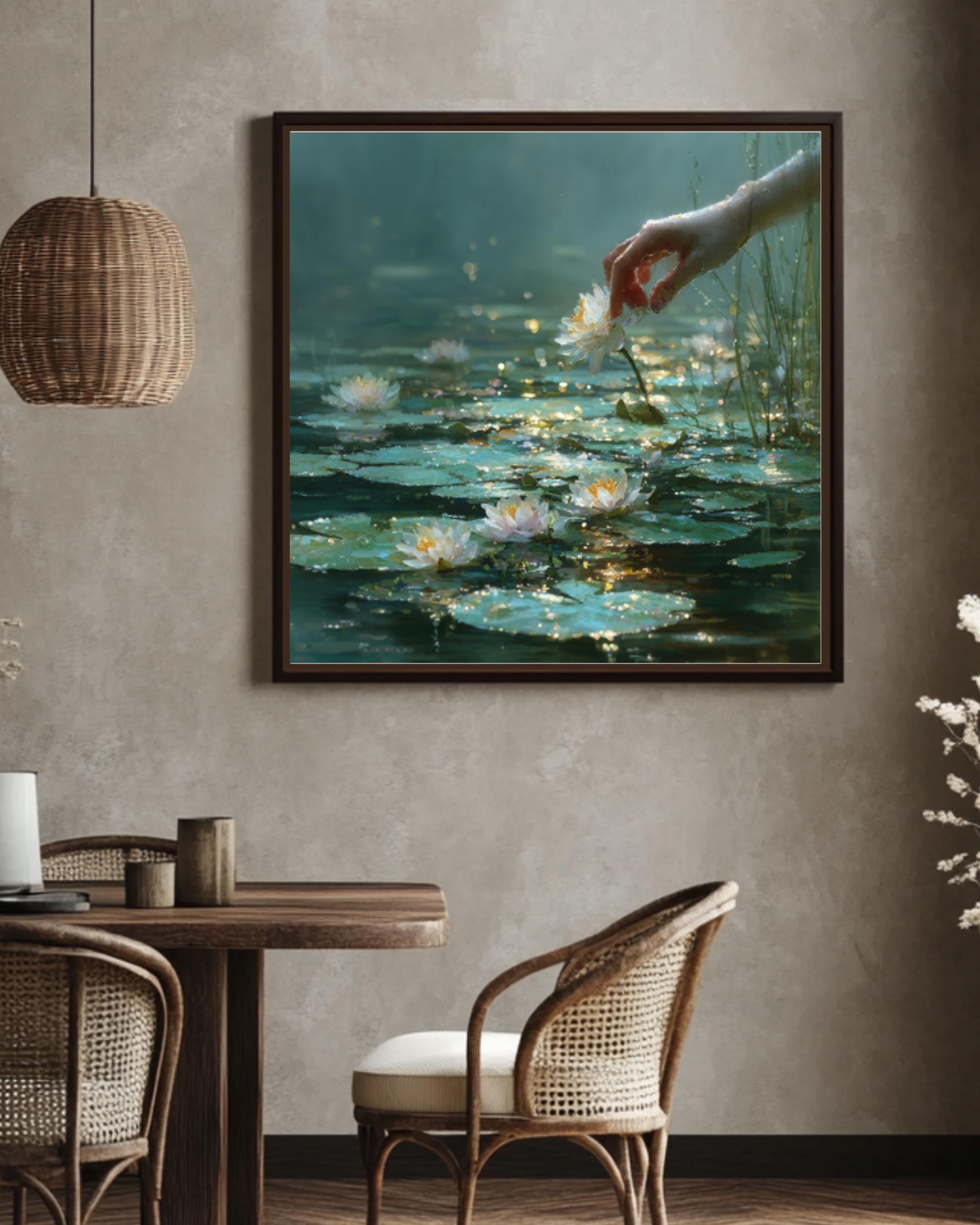 Surreal Hand & Lily Pads Canvas Art – Dreamy Foggy Water Scene