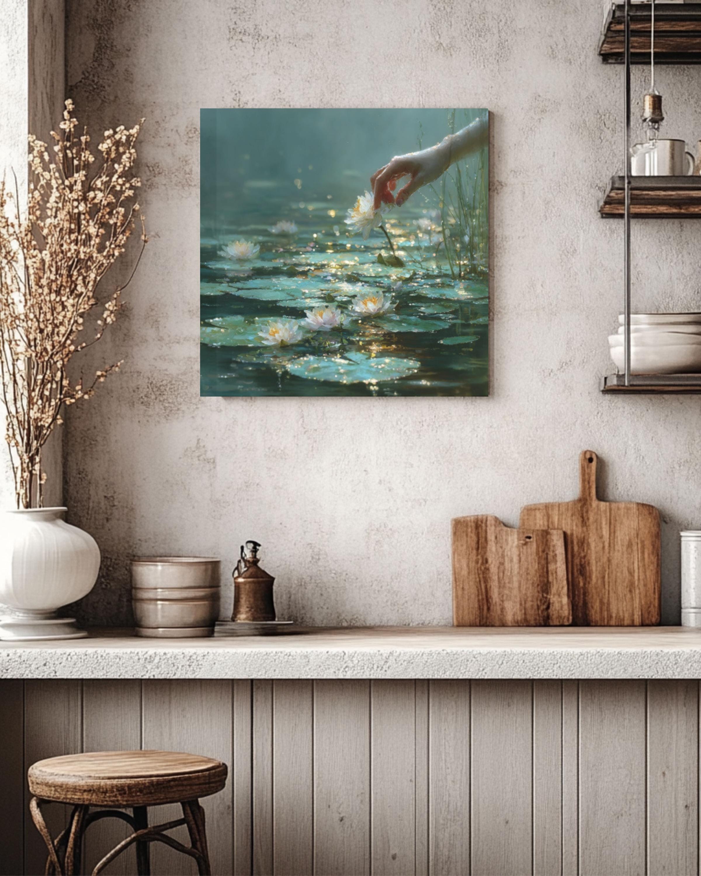 Surreal Hand & Lily Pads Canvas Art – Dreamy Foggy Water Scene