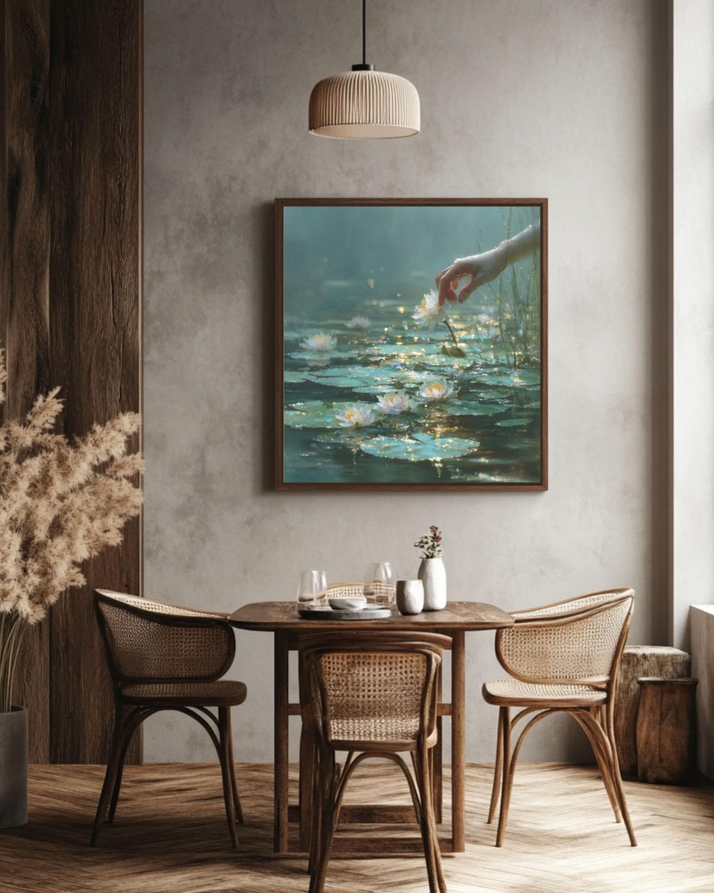 Surreal Hand & Lily Pads Canvas Art – Dreamy Foggy Water Scene