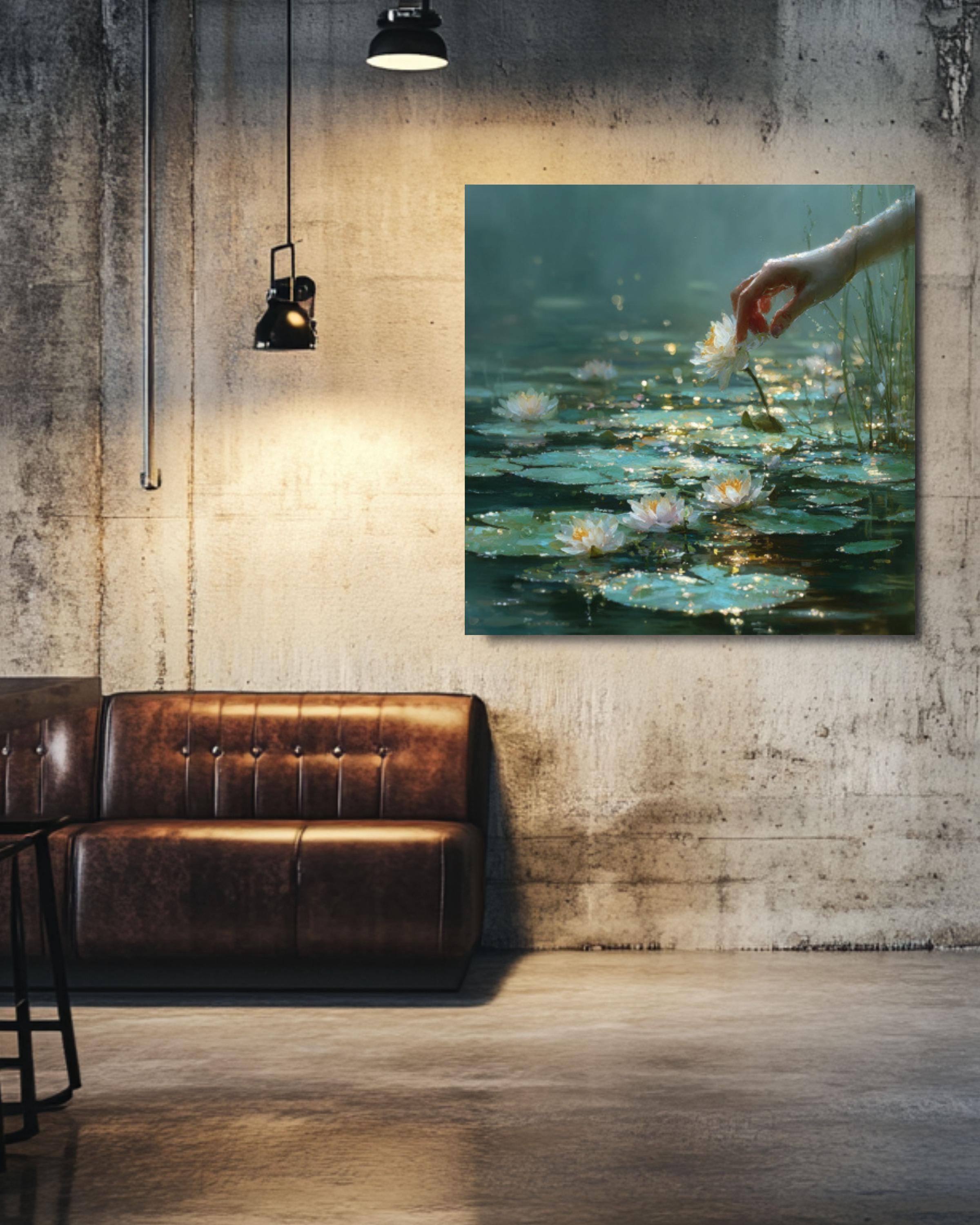 Surreal Hand & Lily Pads Canvas Art – Dreamy Foggy Water Scene