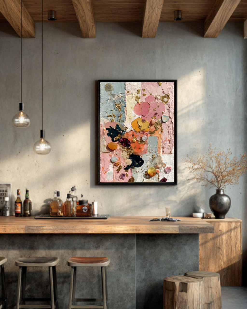 Abstract Gold Leaf Collage Canvas Art – Gemstone Texture