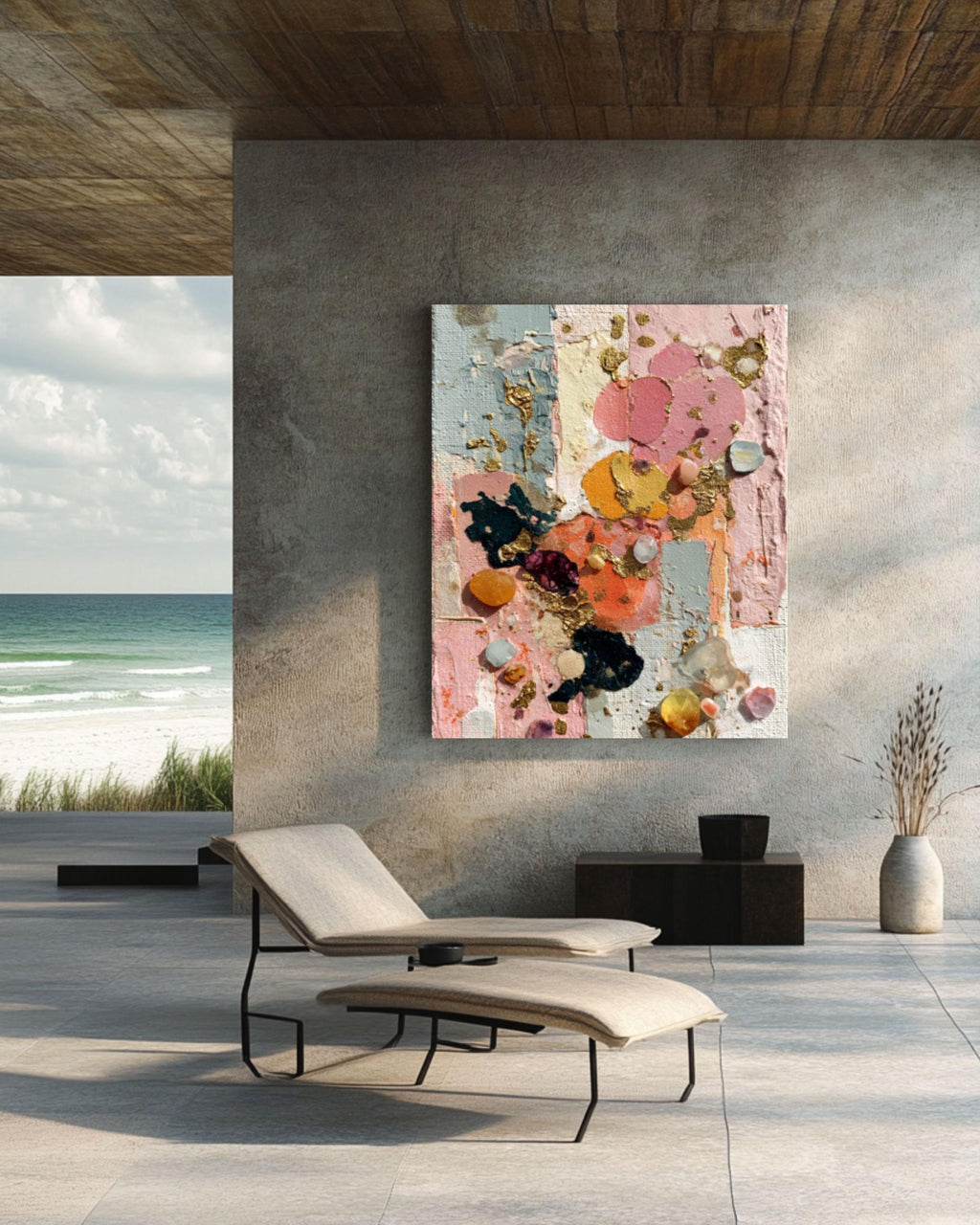 Abstract Gold Leaf Collage Canvas Art – Gemstone Texture